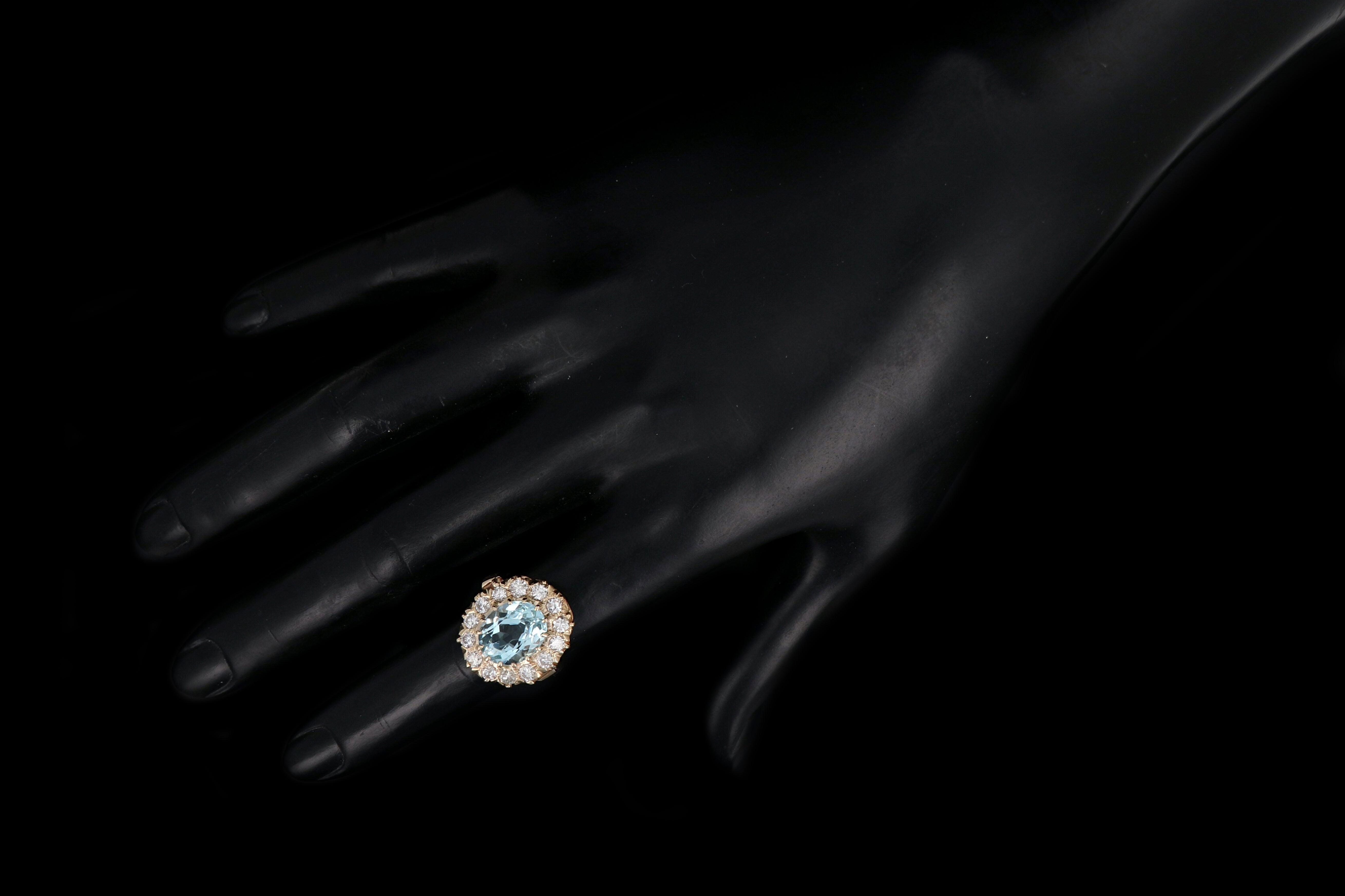 Retro 14K Gold 4 Carat Aquamarine & 1.3 Carat Diamond Halo Enamel Ring - Queen May