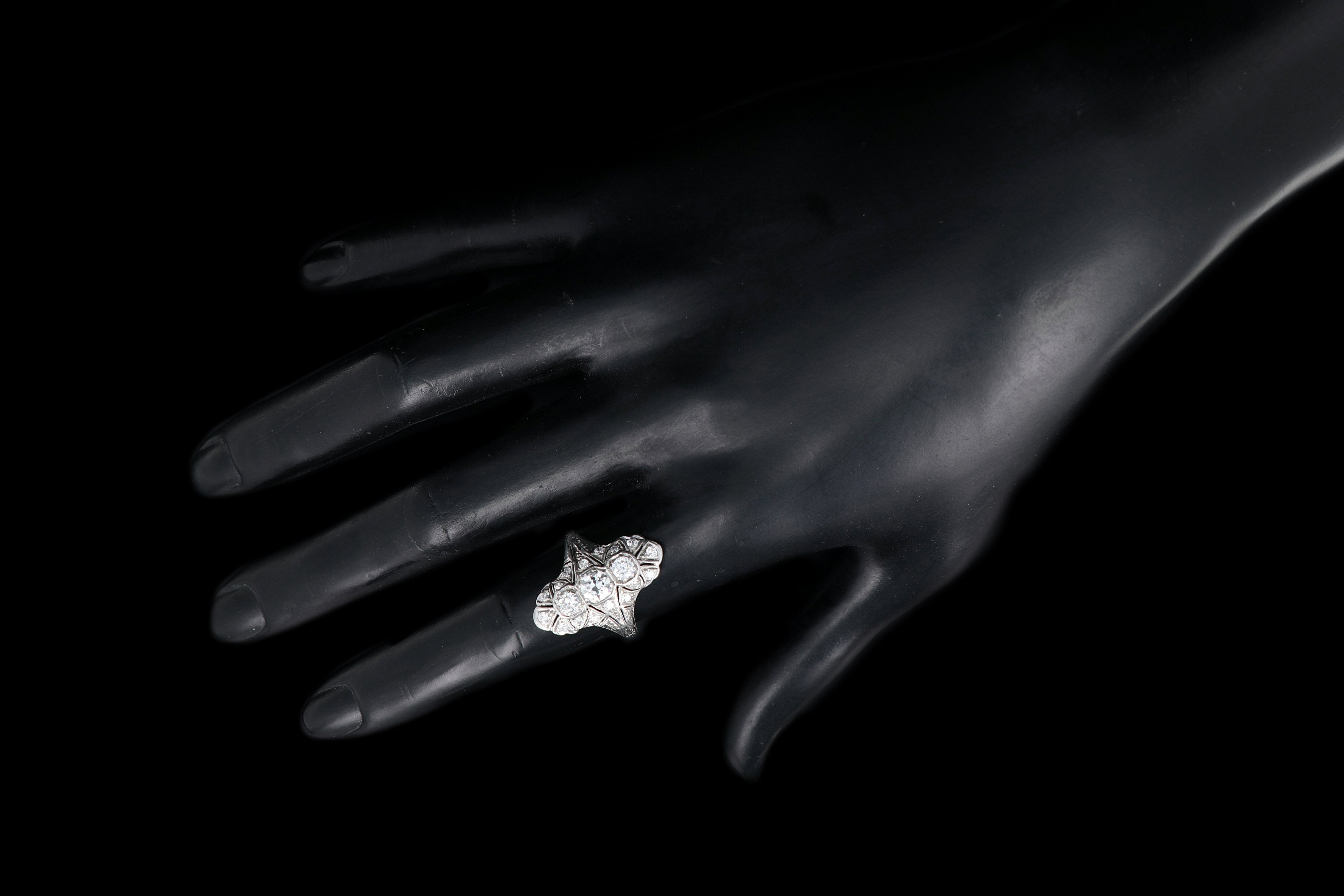Art Deco Platinum 1.22 Carat Diamond Weight Total Shield Ring - Queen May