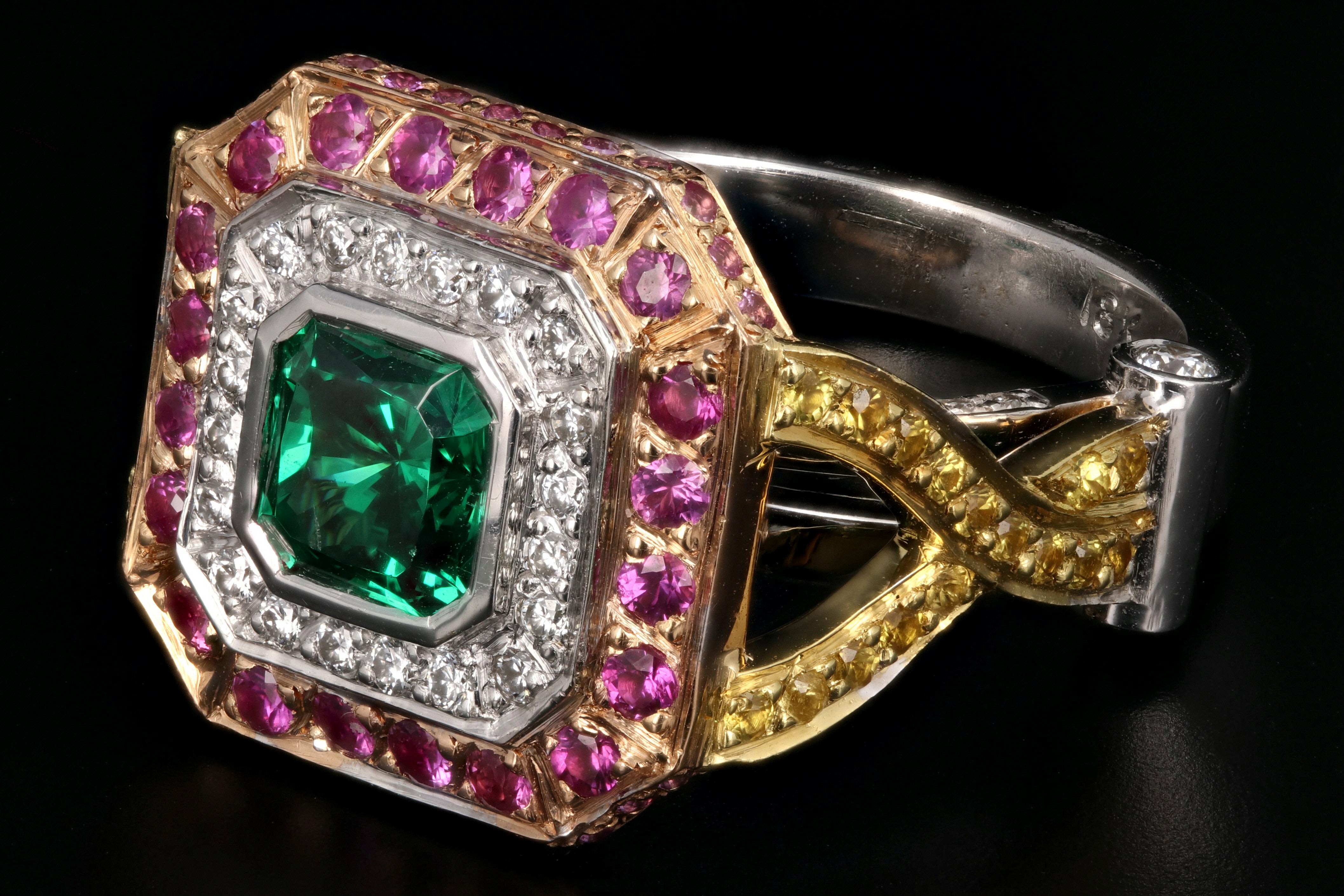 Modern 18k 2.2CT Tsavorite Set With Diamonds, Yellow and Pink Sapphires Ring - Queen May