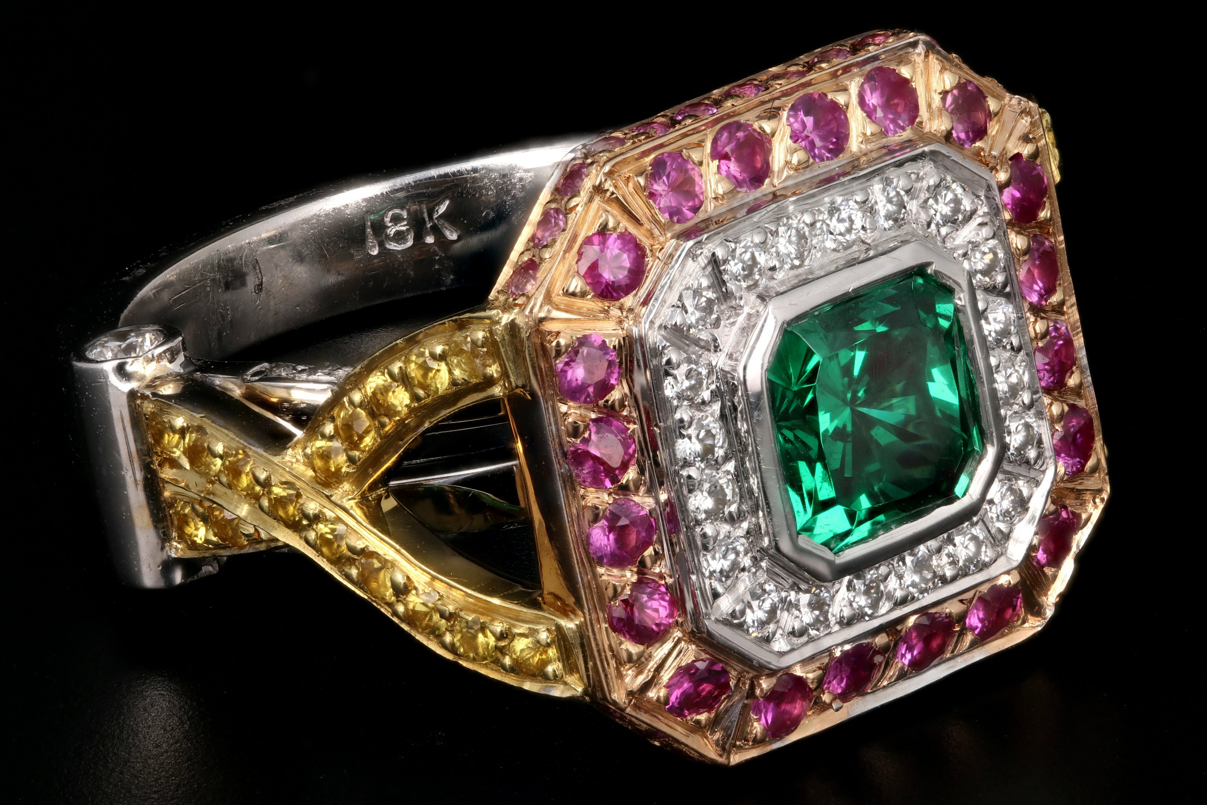 Modern 18k 2.2CT Tsavorite Set With Diamonds, Yellow and Pink Sapphires Ring - Queen May