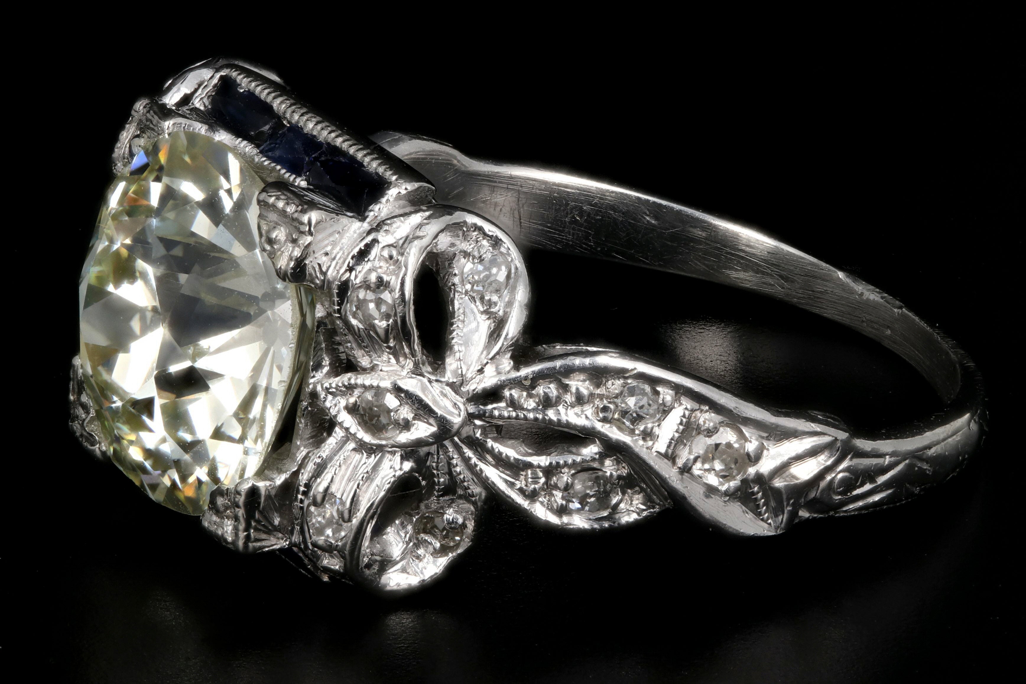 Art Deco Platinum 2.78CT Old European Cut Diamond and Sapphire Ribbon Engagement Ring GIA Certified - Queen May