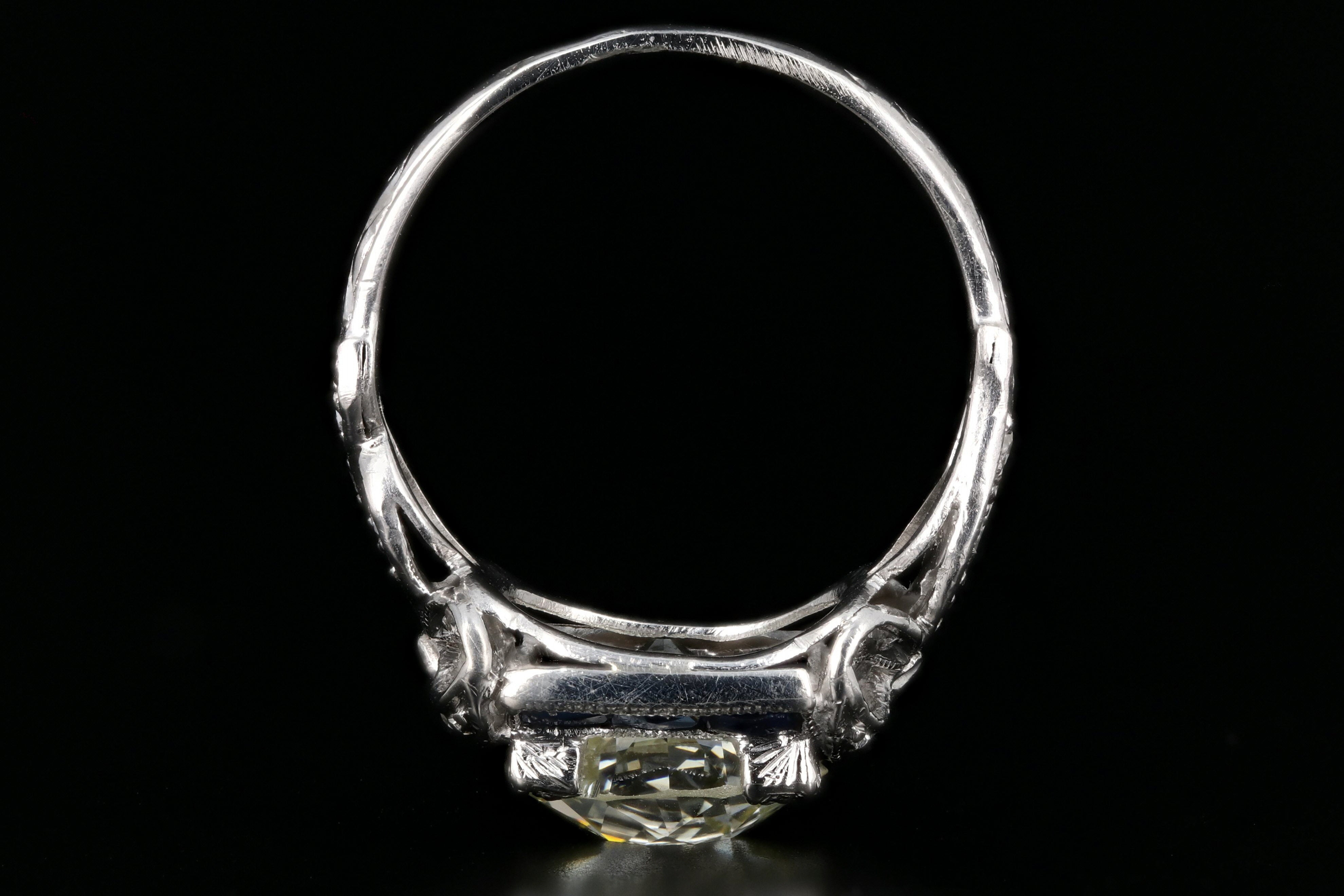 Art Deco Platinum 2.78CT Old European Cut Diamond and Sapphire Ribbon Engagement Ring GIA Certified - Queen May