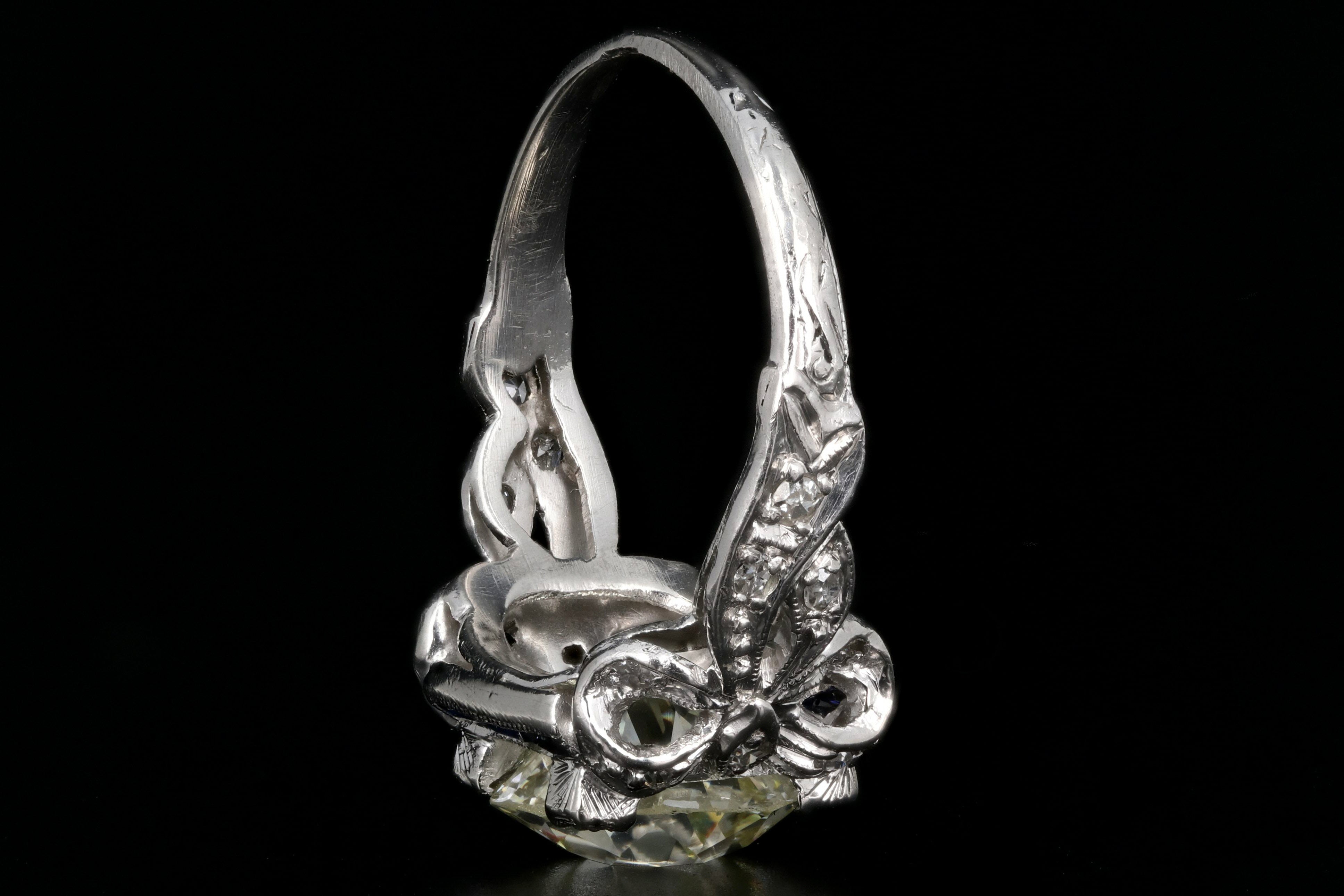 Art Deco Platinum 2.78CT Old European Cut Diamond and Sapphire Ribbon Engagement Ring GIA Certified - Queen May