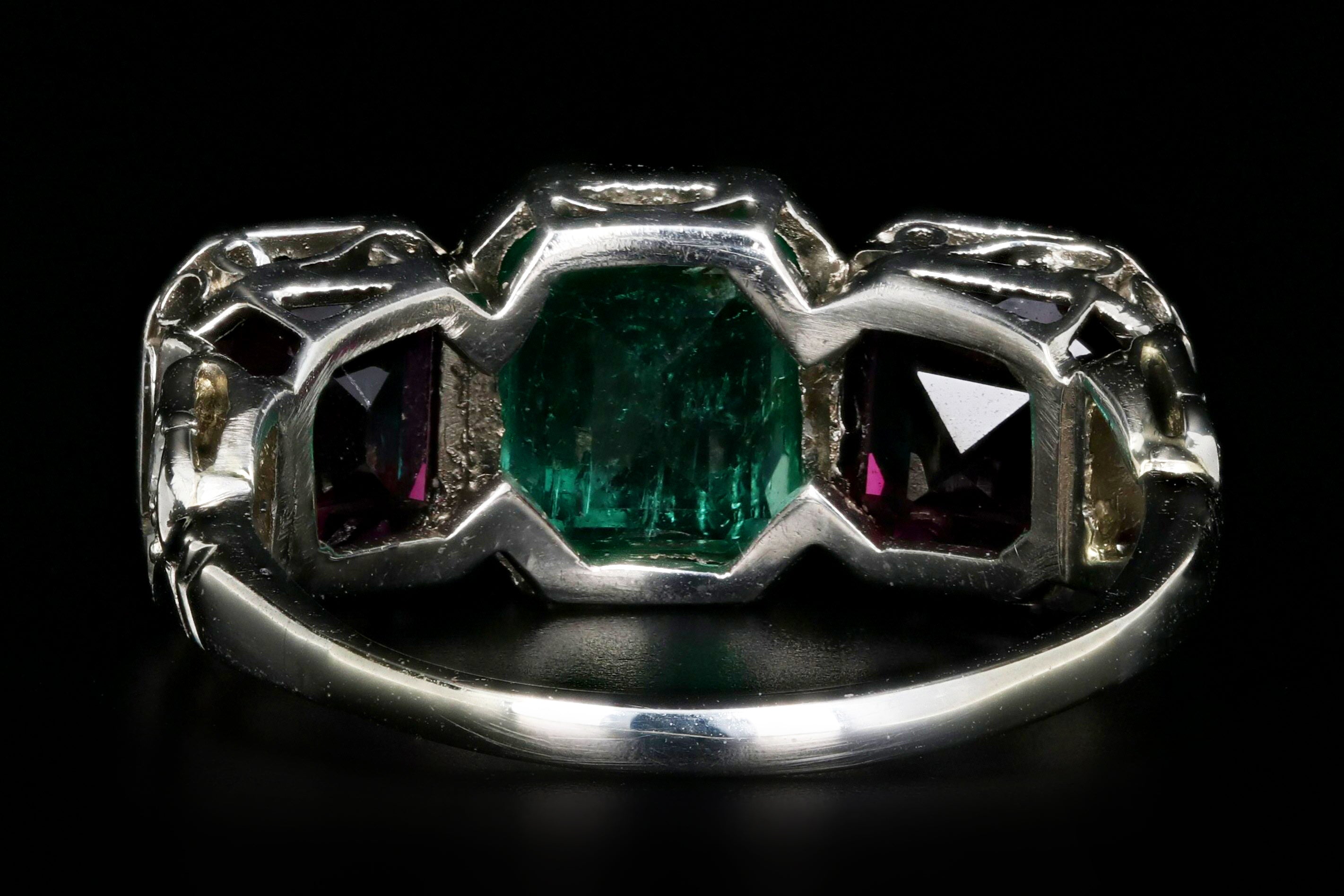 Art Deco Platinum Emerald & Almandine Garnet Ring - Queen May