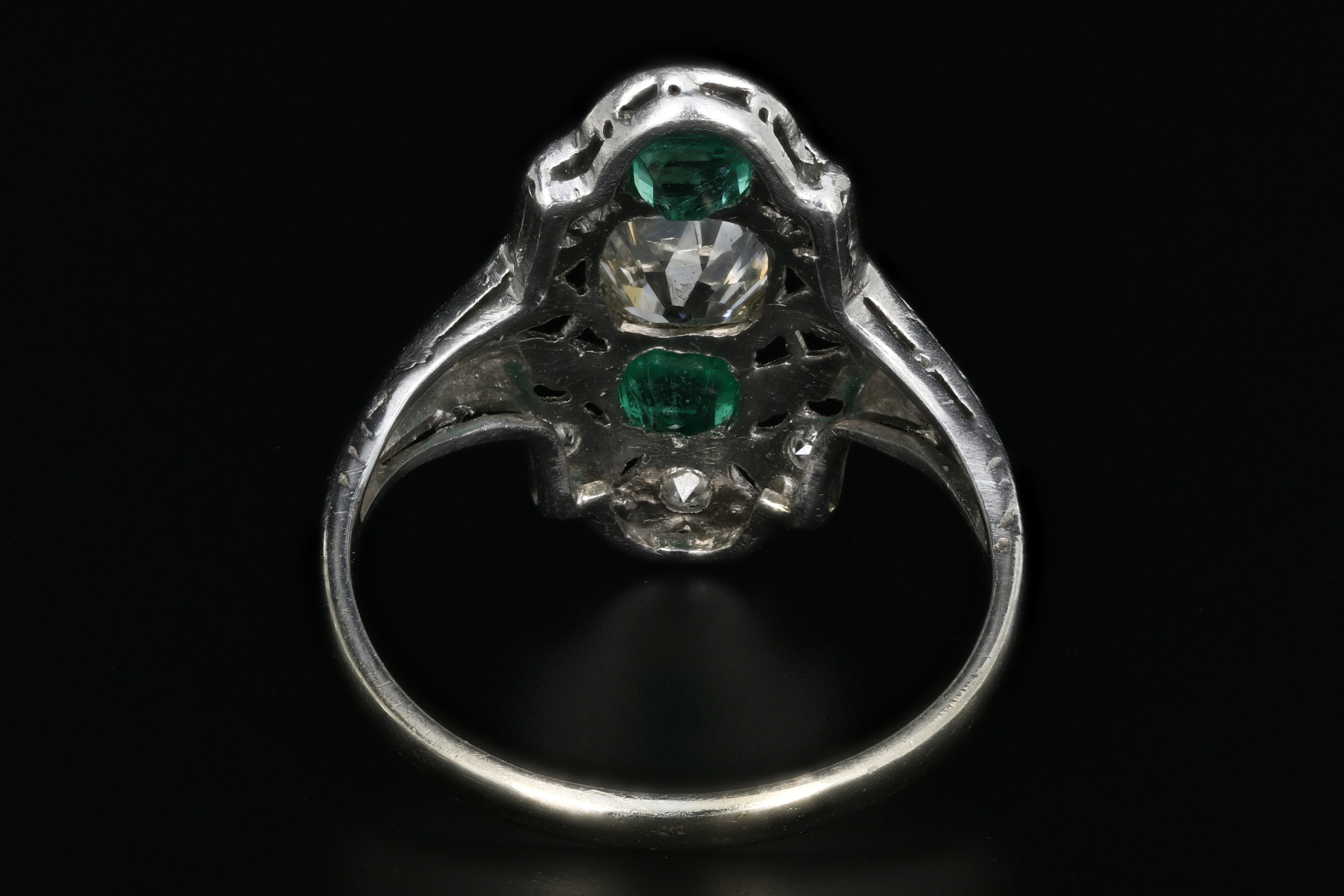 Art Deco Platinum .80 Carat Old Mine Cut Diamond and Emerald Ring - Queen May