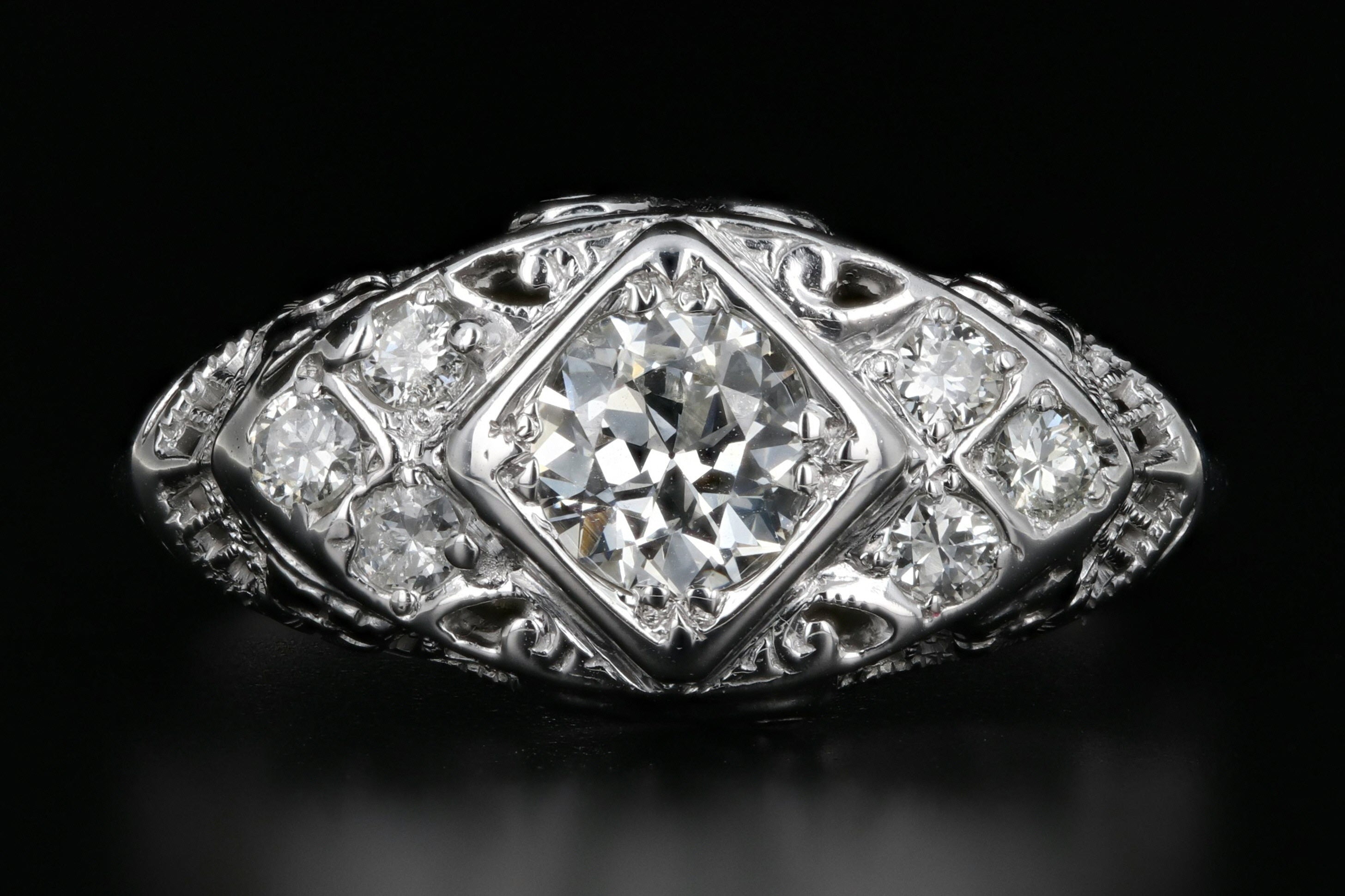 Art Deco 18K White Gold .50 Carat Old European Cut Diamond Ring - Queen May