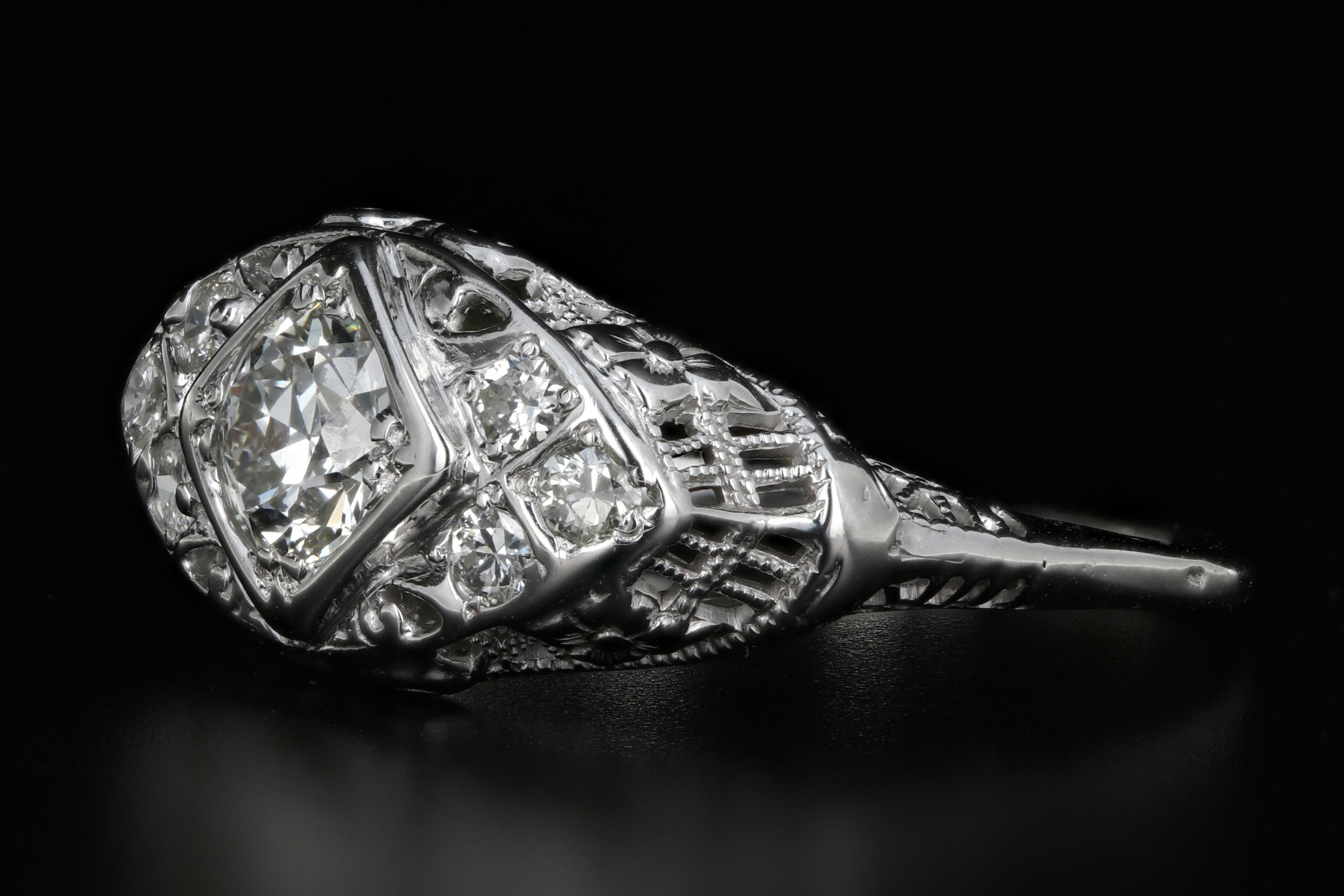 Art Deco 18K White Gold .50 Carat Old European Cut Diamond Ring - Queen May