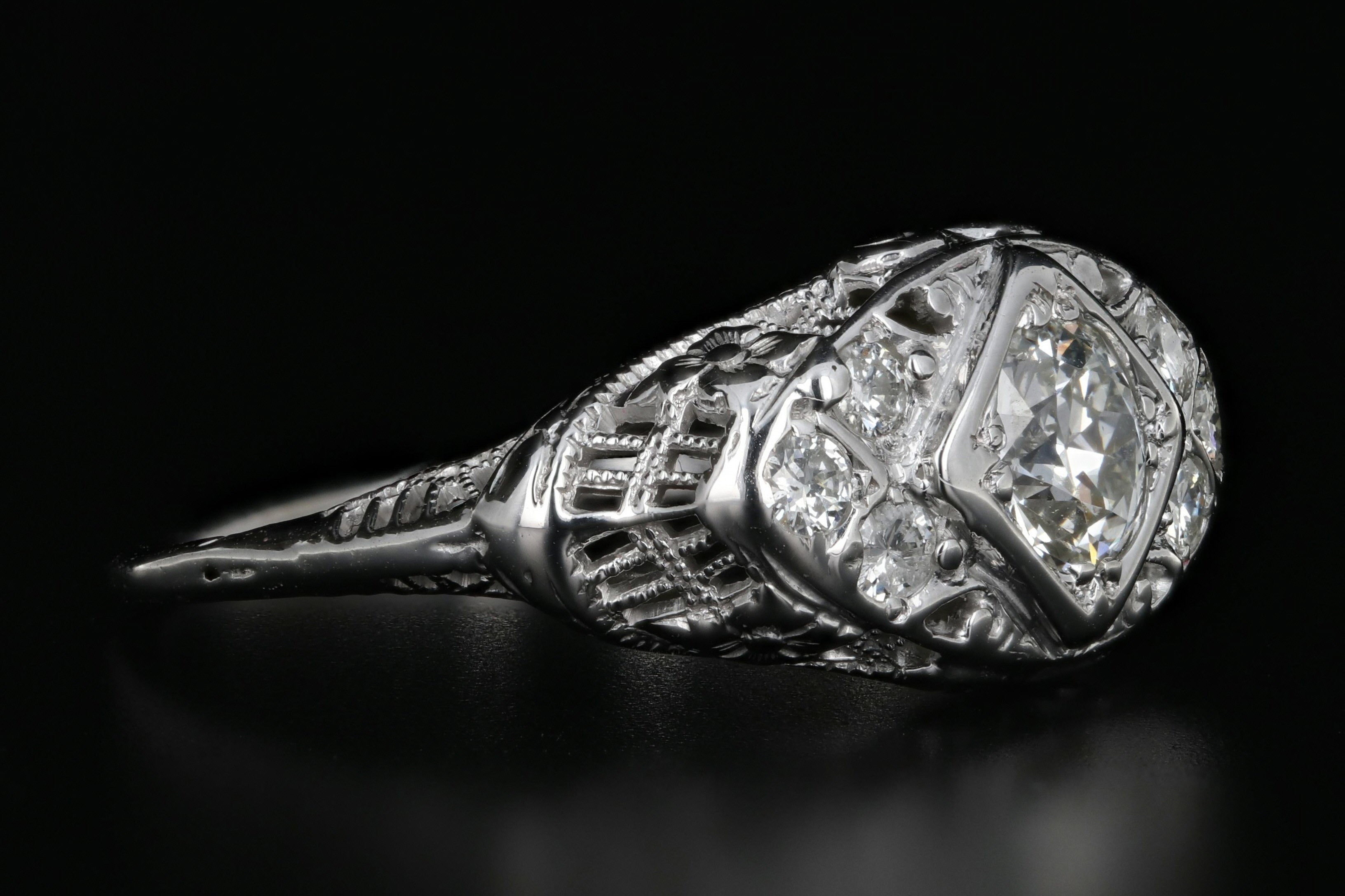 Art Deco 18K White Gold .50 Carat Old European Cut Diamond Ring - Queen May