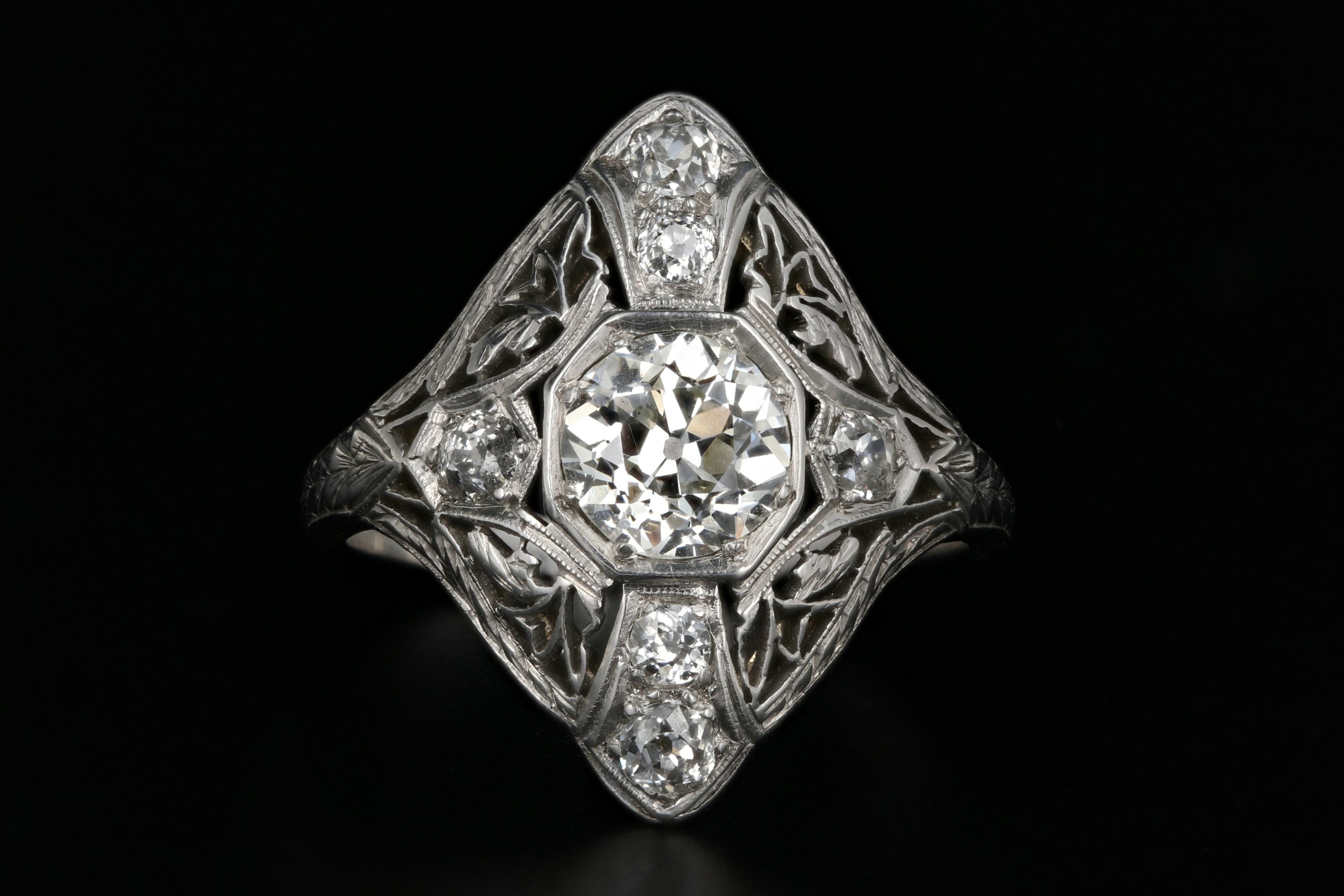 Art Deco Platinum 1.01 Carat Old Mine Cut Diamond Shield Ring - Queen May