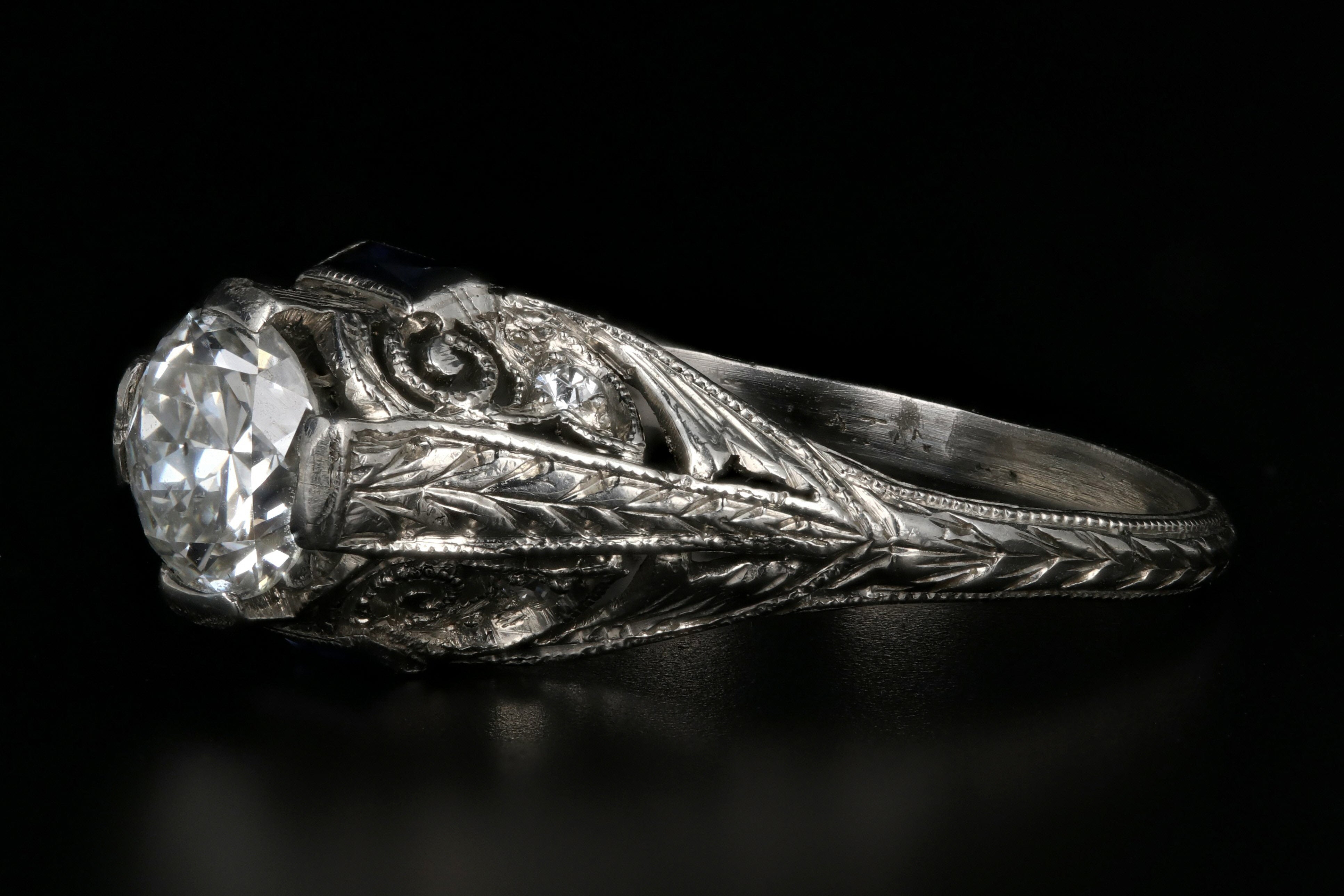 Art Deco Platinum .67 Carat Old European Cut Diamond & French Cut Sapphire Engagement Ring - Queen May