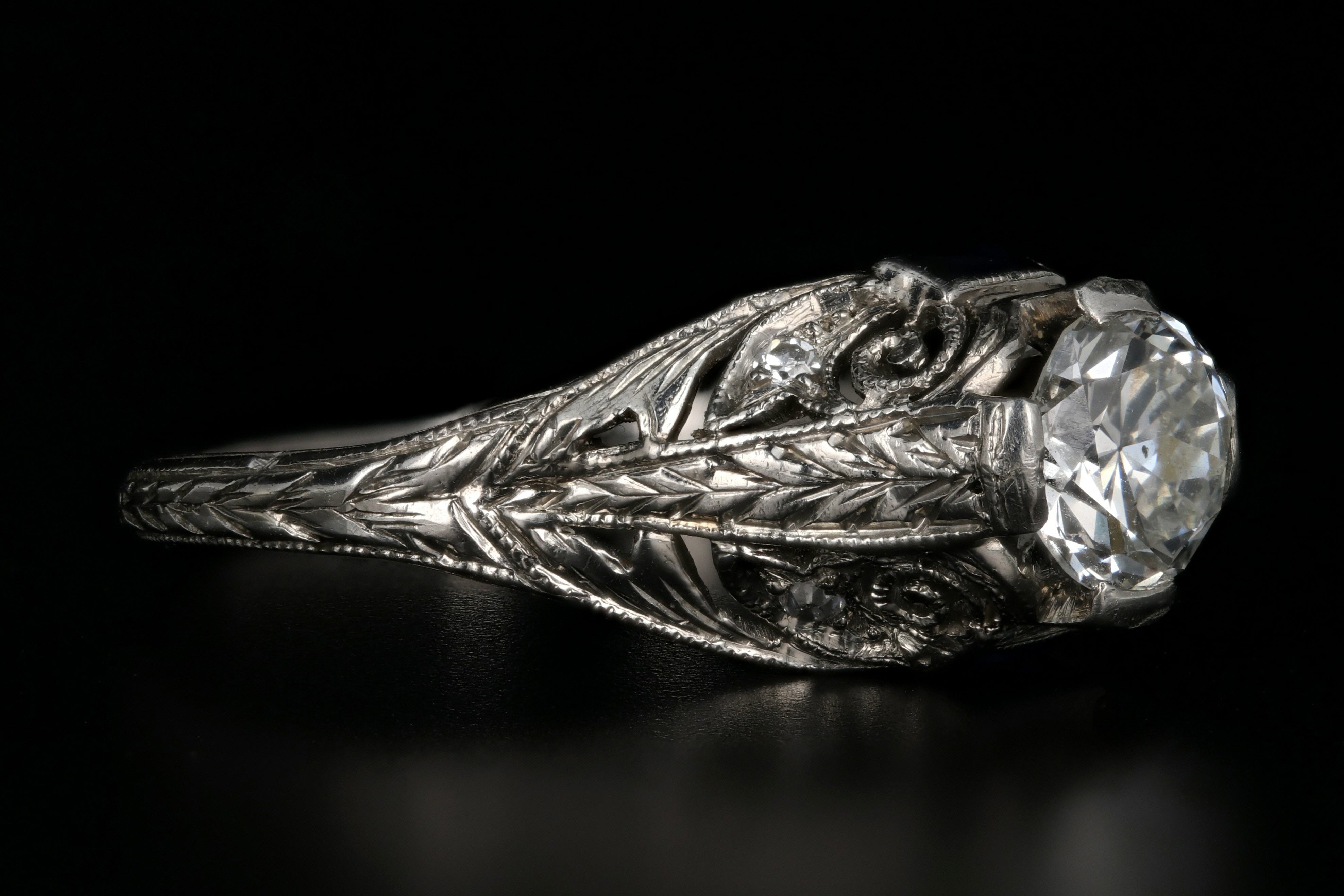 Art Deco Platinum .67 Carat Old European Cut Diamond & French Cut Sapphire Engagement Ring - Queen May