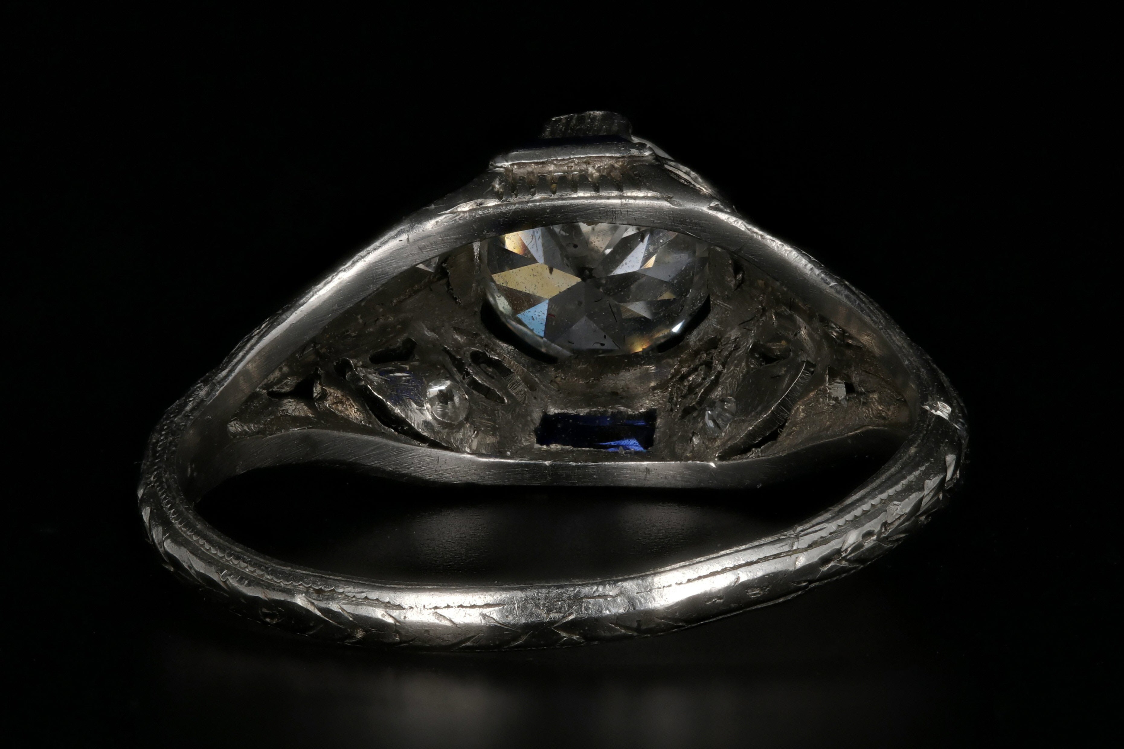 Art Deco Platinum .67 Carat Old European Cut Diamond & French Cut Sapphire Engagement Ring - Queen May