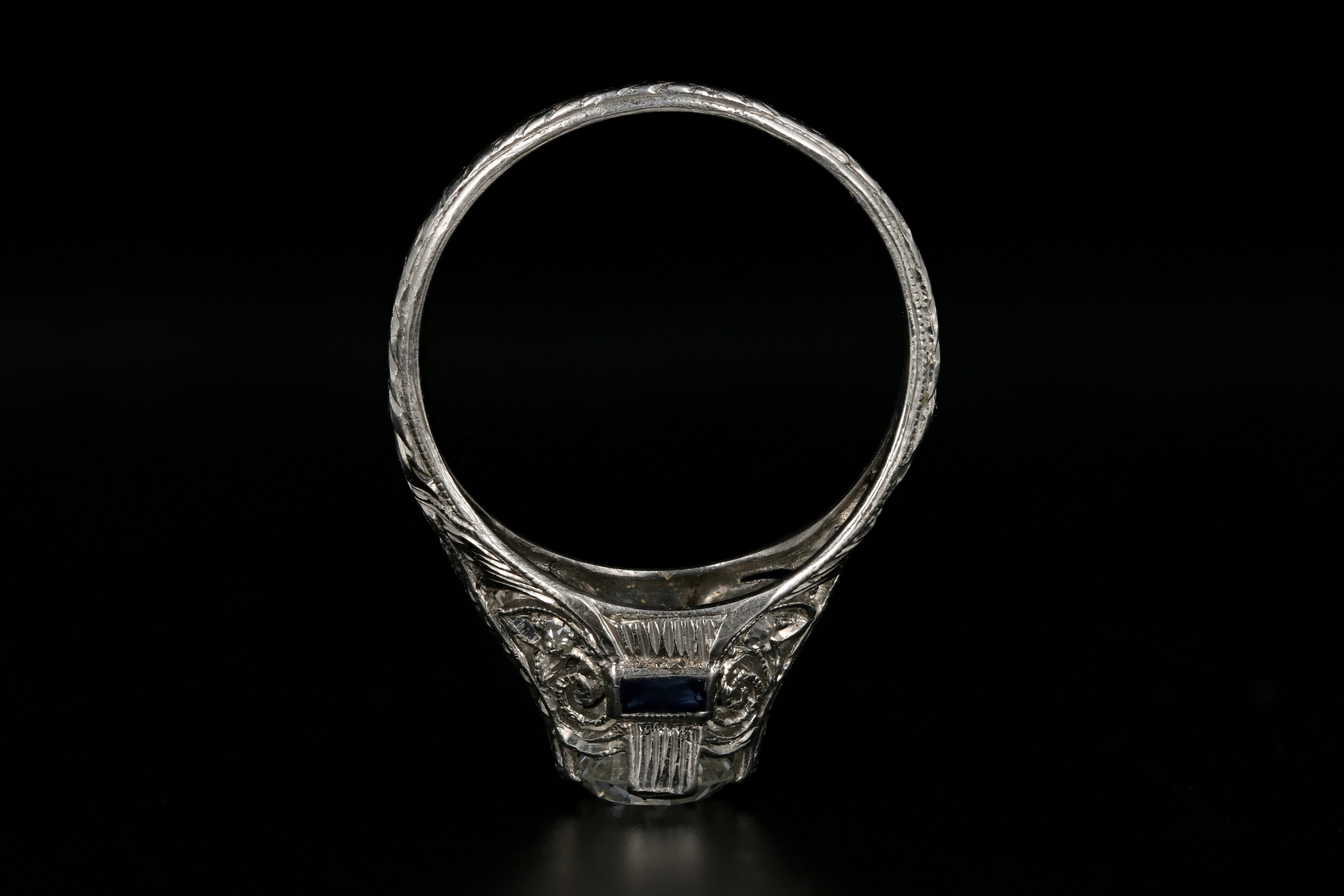 Art Deco Platinum .67 Carat Old European Cut Diamond & French Cut Sapphire Engagement Ring - Queen May