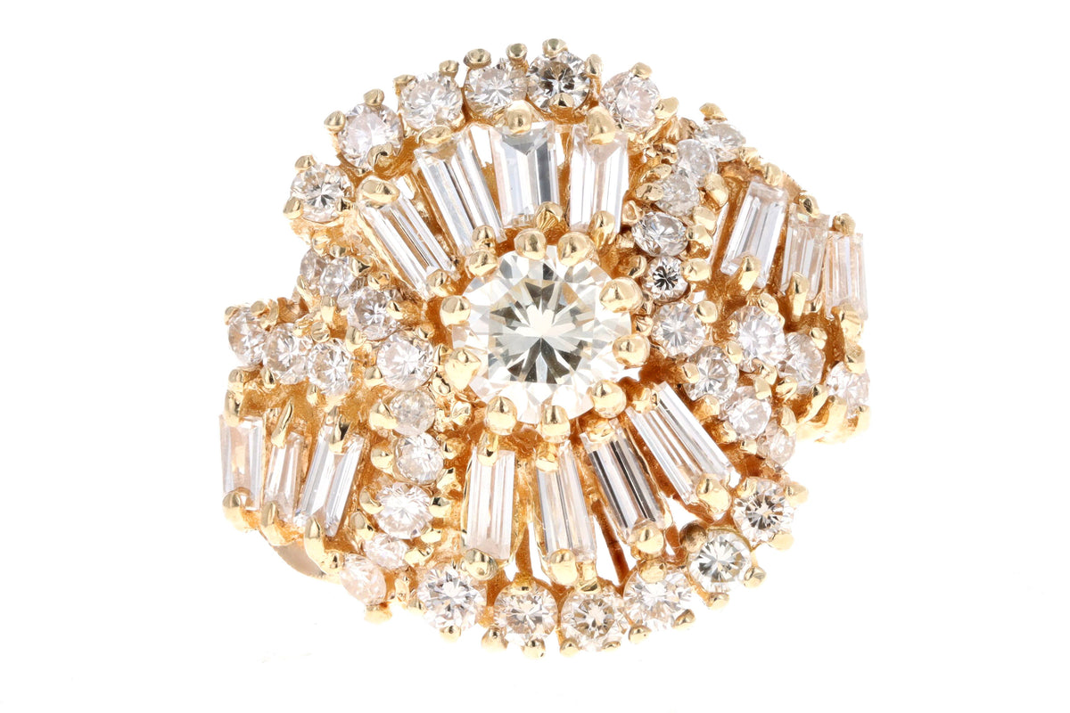 Retro 14K Yellow Gold 2.50 Carat Total Weight Diamond Swirl Ring - Queen May