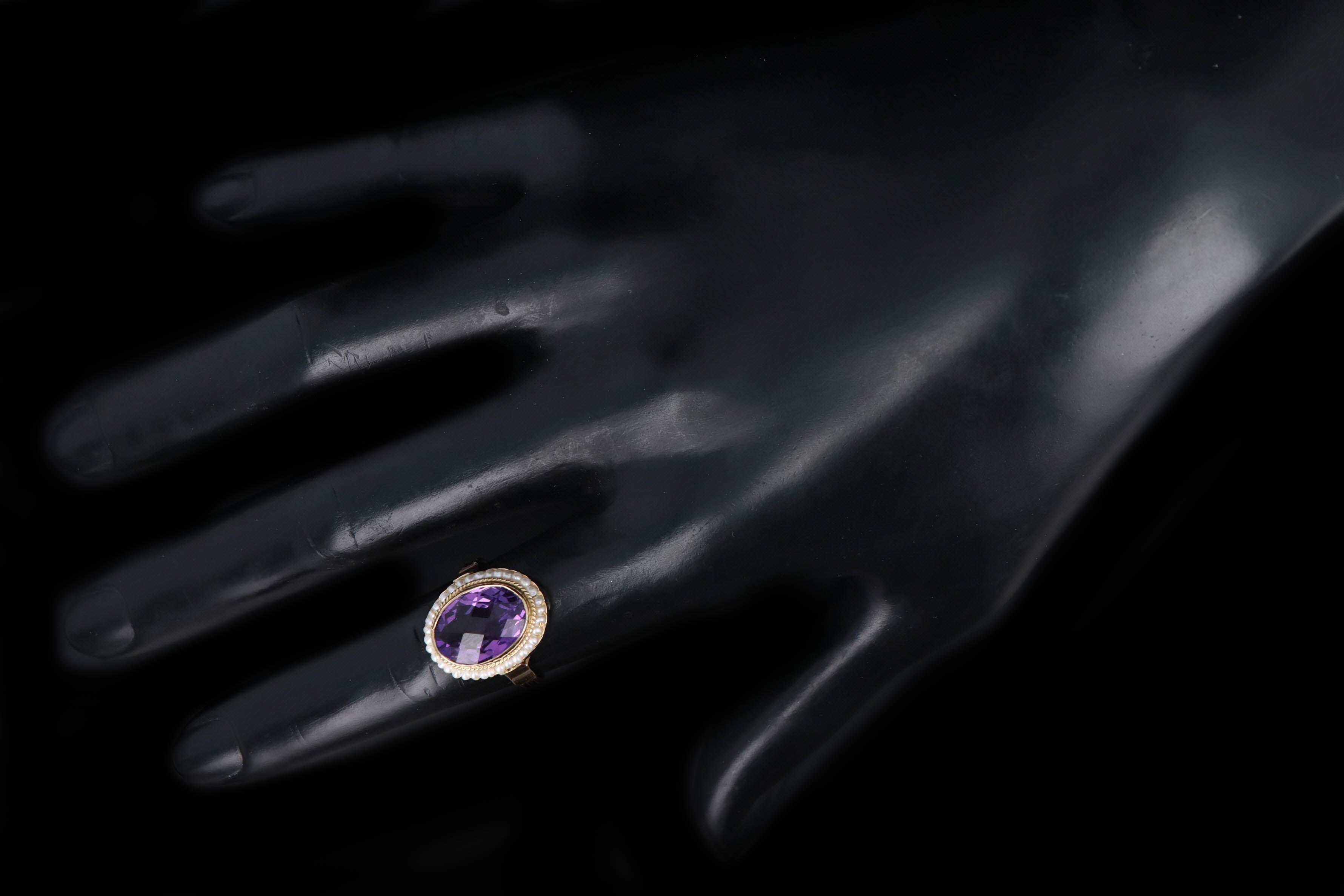 Vintage 14K Yellow Gold 4.15 Carat Amethyst & Pearl Ring - Queen May