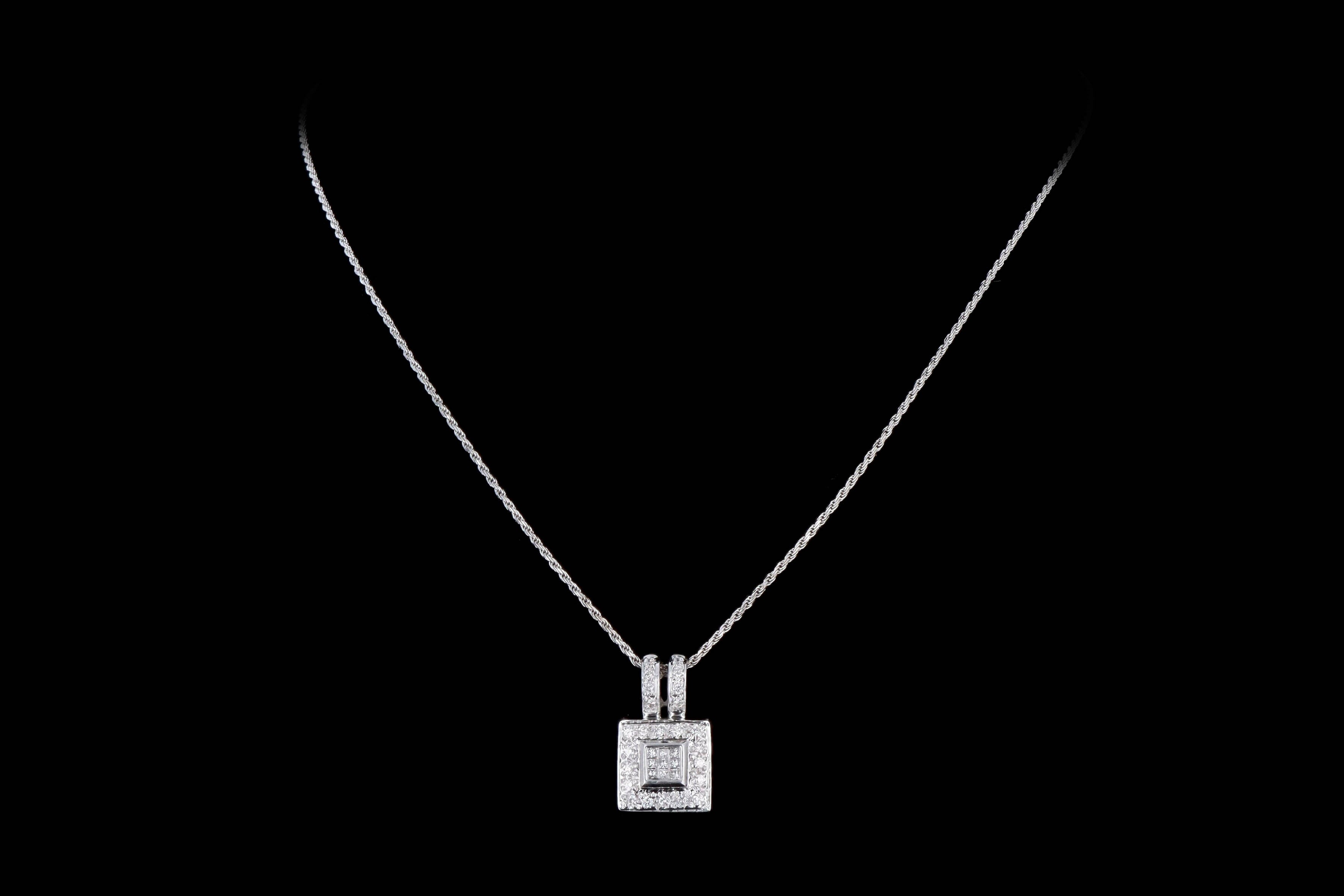 14K White Gold Princess Cut Diamond Cluster Pendant Necklace - Queen May