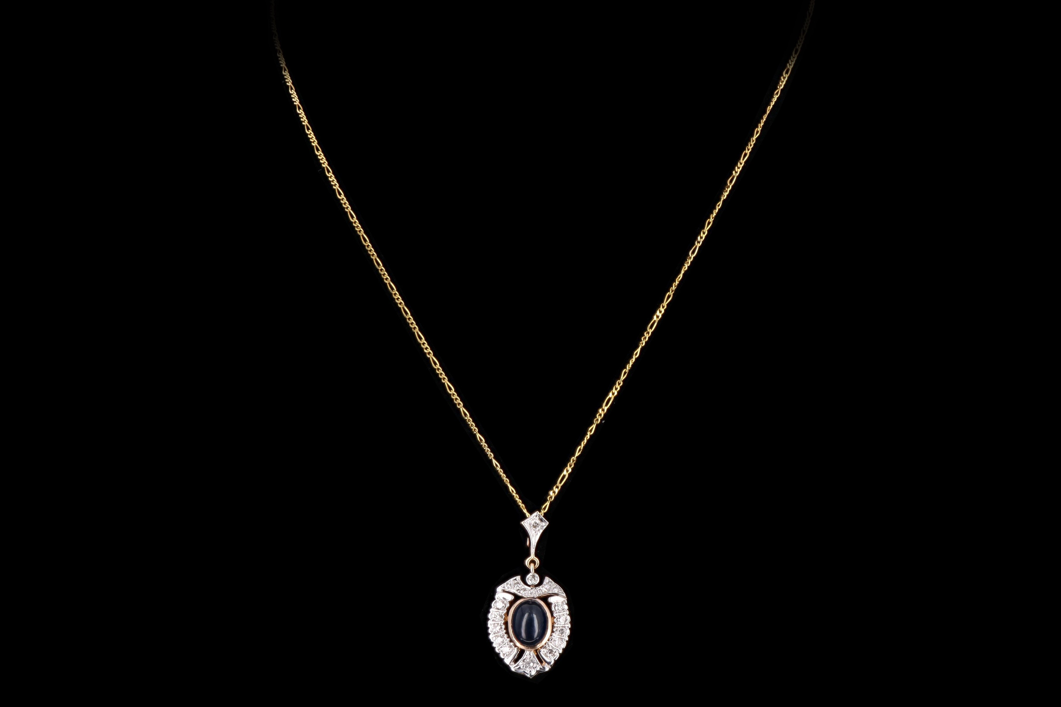 Vintage 14K Gold 3 Carat Cabochon Natural Sapphire & Diamond Pendant Necklace - Queen May