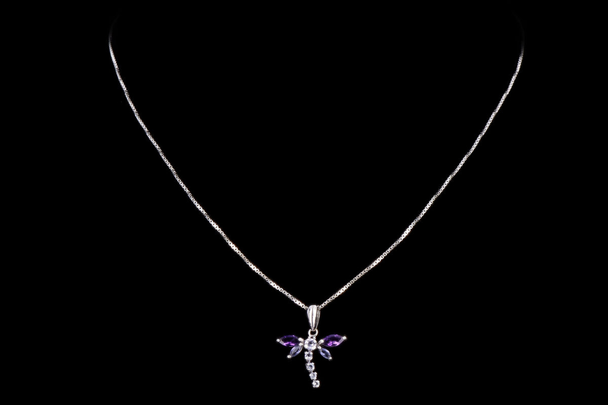 Modern 10K White Gold Amethyst & Iolite Butterfly Pendant Necklace - Queen May