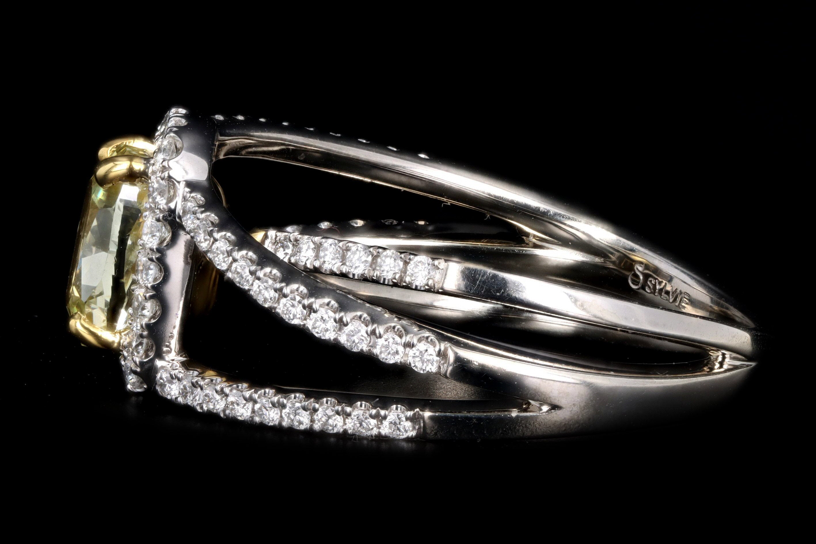 Modern 14K White Gold 1.50 Carat Fancy Yellow Cushion Diamond Engagement Ring - Queen May