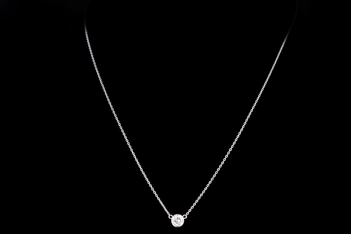 New 14K White Gold .71 Carat Round Brilliant Diamond Bezel Pendant Necklace - Queen May