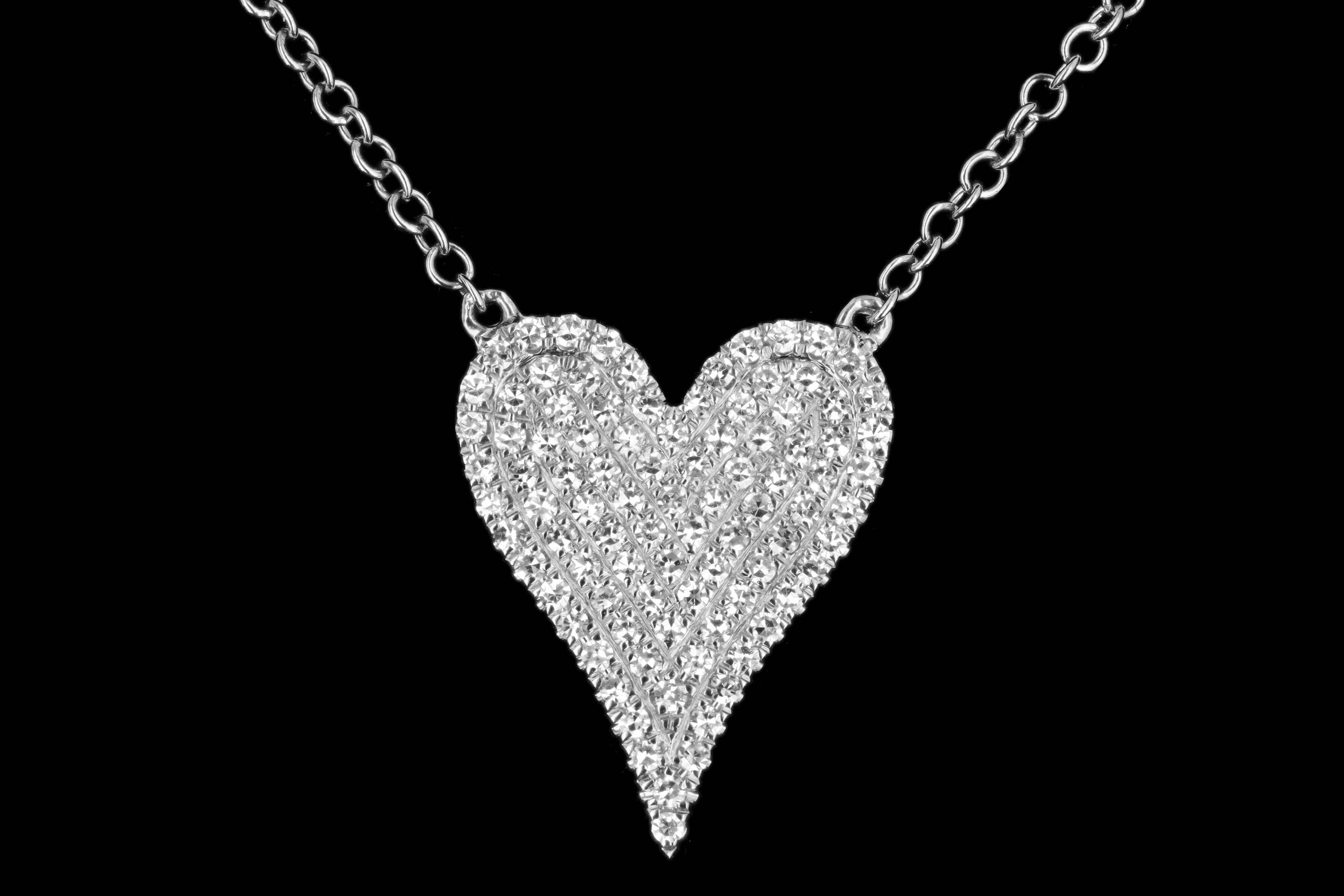 New 14K White Gold .43 Carat Diamond Pave Heart Pendant Necklace - Queen May