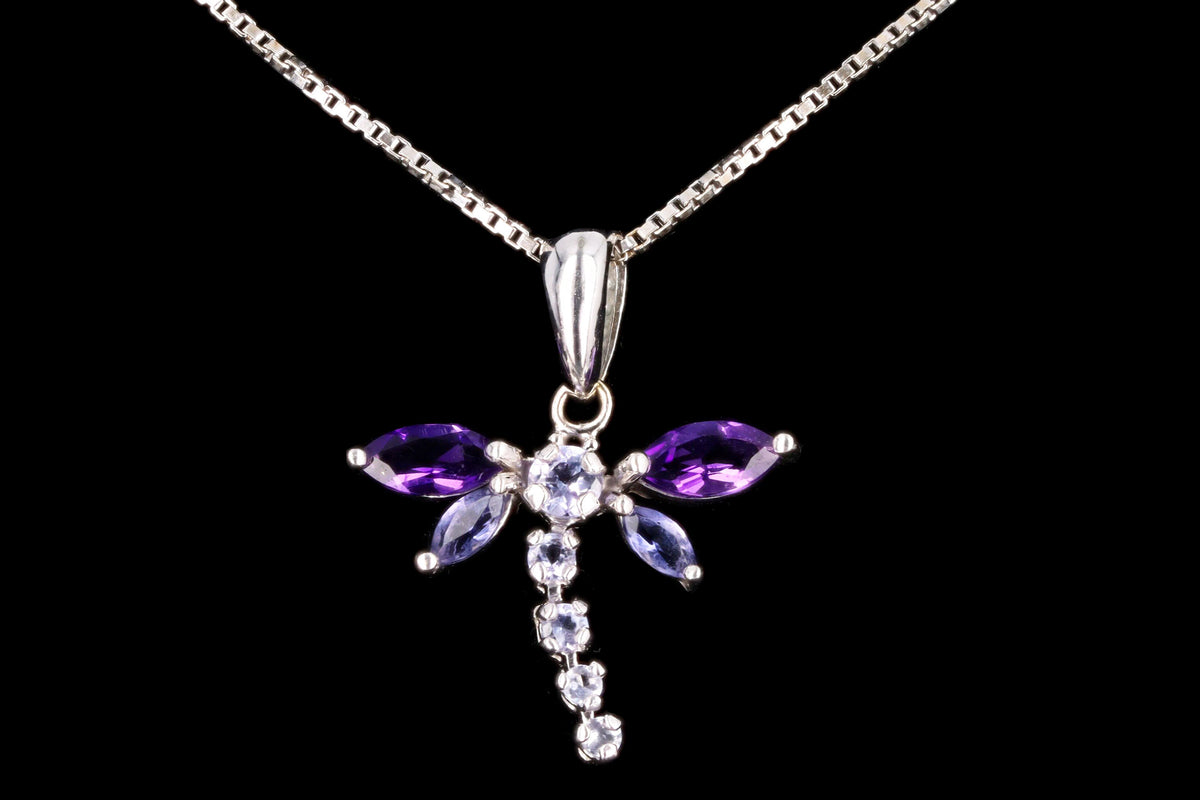 Modern 10K White Gold Amethyst & Iolite Butterfly Pendant Necklace - Queen May