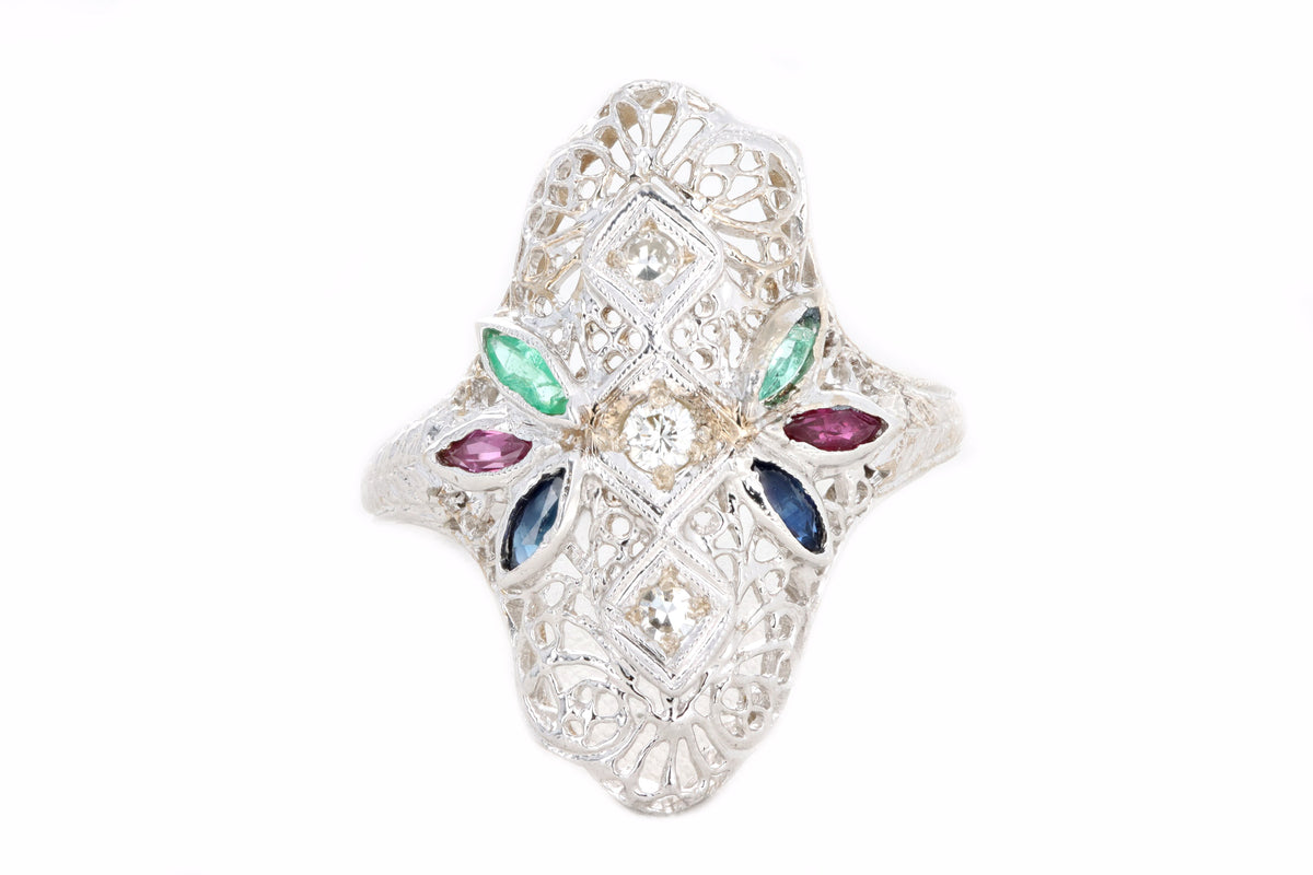 Art Deco 18K White Gold Diamond & Gemstone Filigree Shield Ring - Queen May