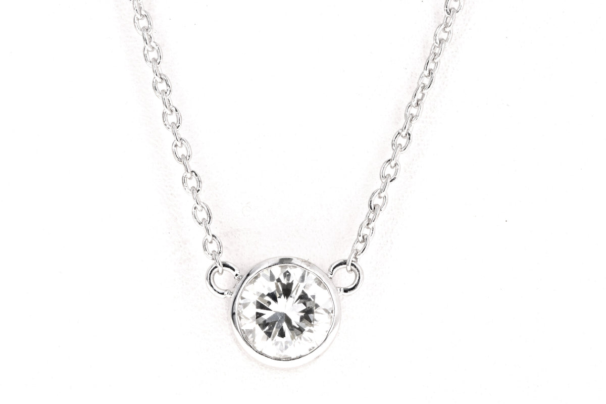 New 14K White Gold .71 Carat Round Brilliant Diamond Bezel Pendant Necklace - Queen May