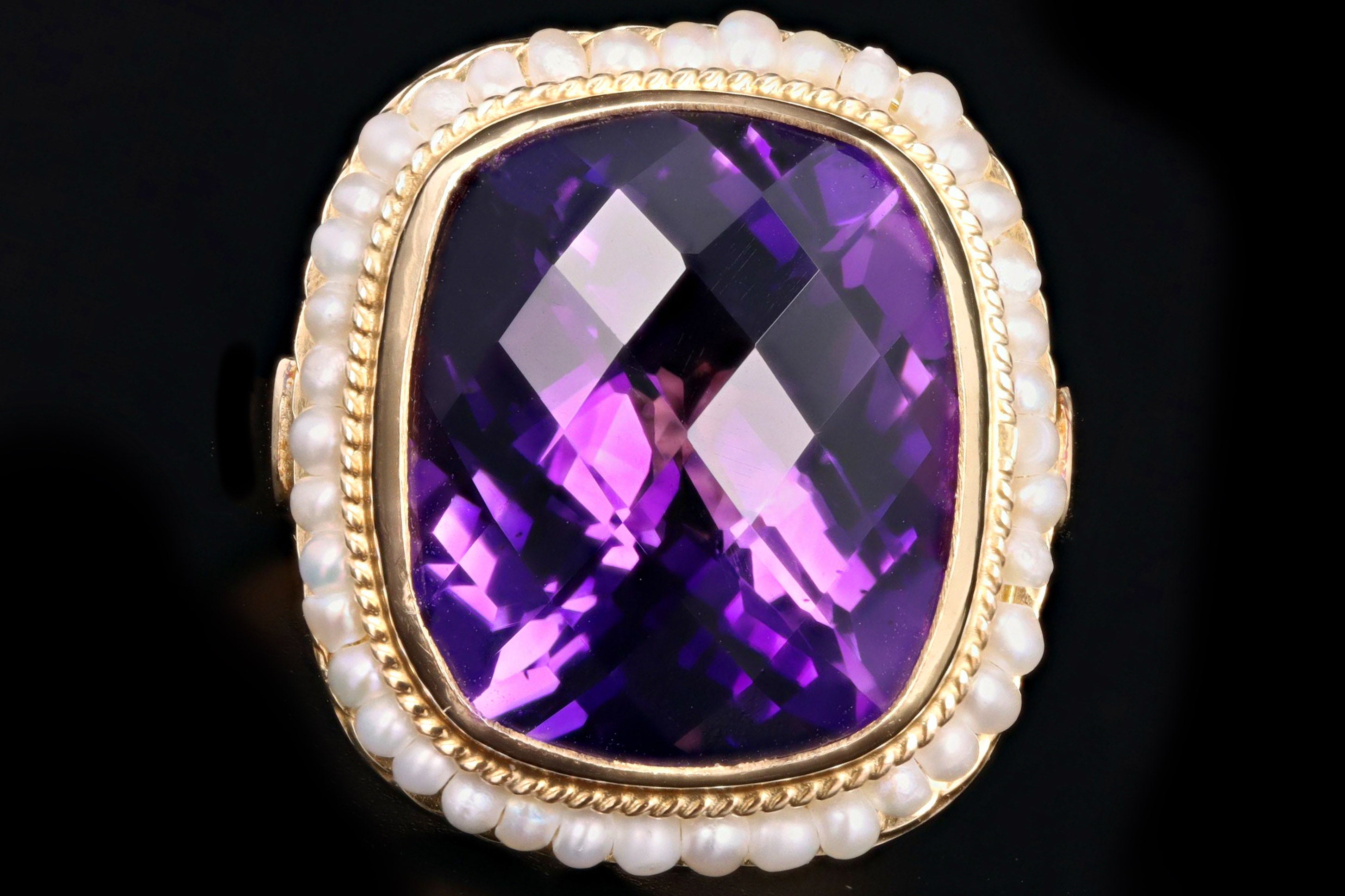 Vintage 14K Yellow Gold 8.5 Carat Amethyst & Seed Pearl Ring - Queen May