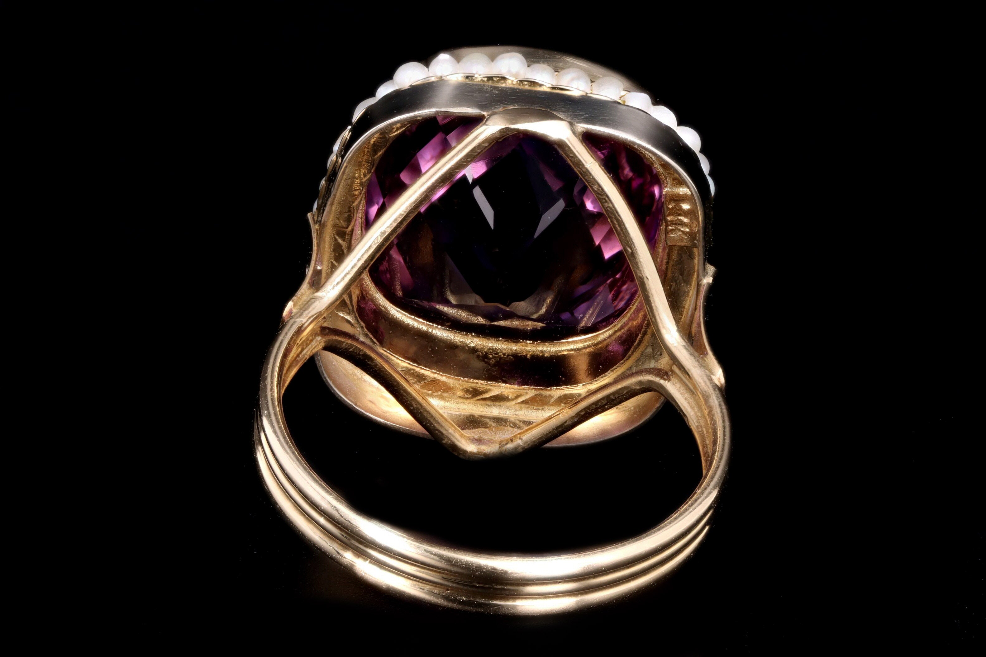Vintage 14K Yellow Gold 8.5 Carat Amethyst & Seed Pearl Ring - Queen May