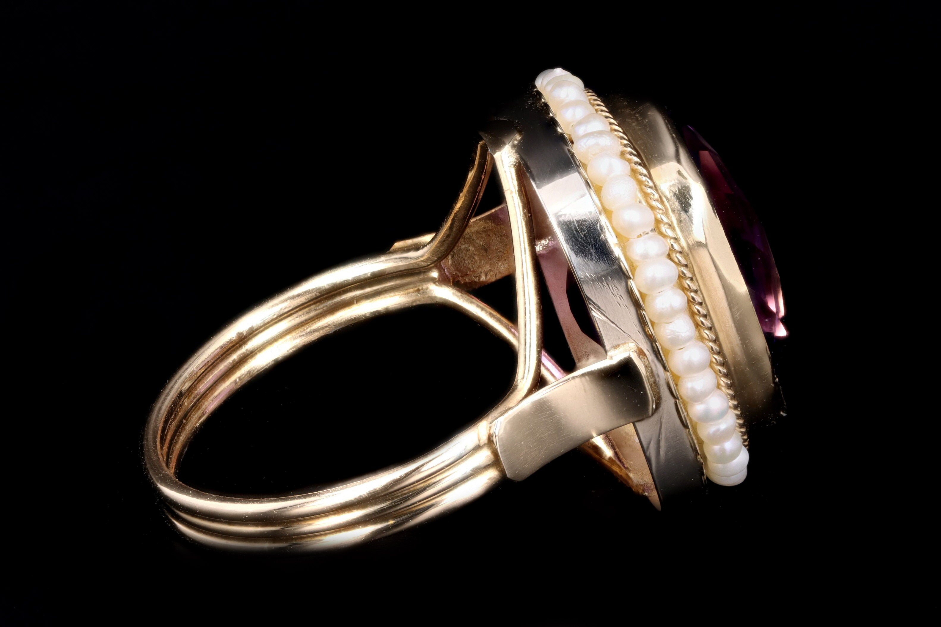 Vintage 14K Yellow Gold 8.5 Carat Amethyst & Seed Pearl Ring - Queen May