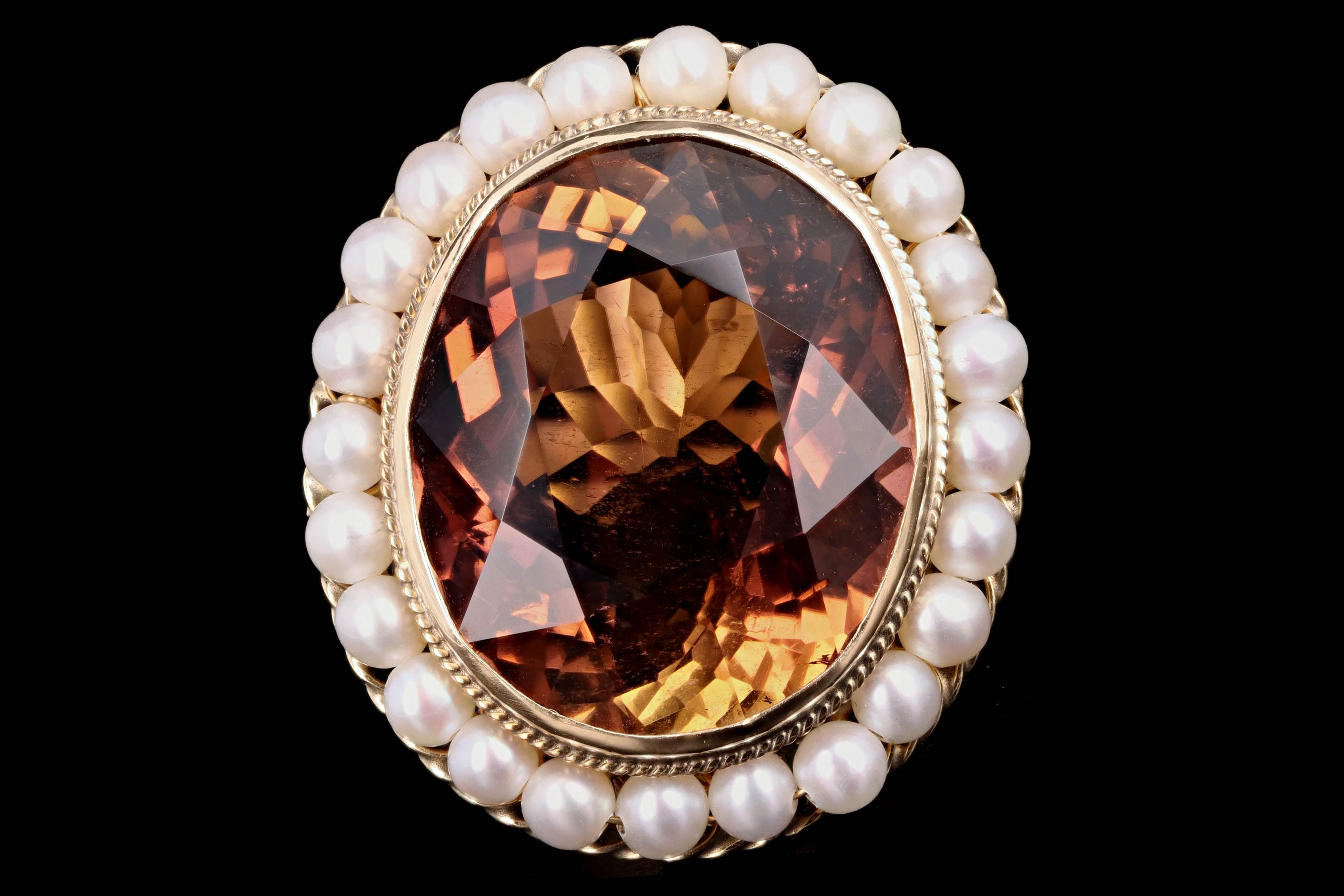 Vintage 14K Yellow Gold 22 Carat Tourmaline & Pearl Ring - Queen May