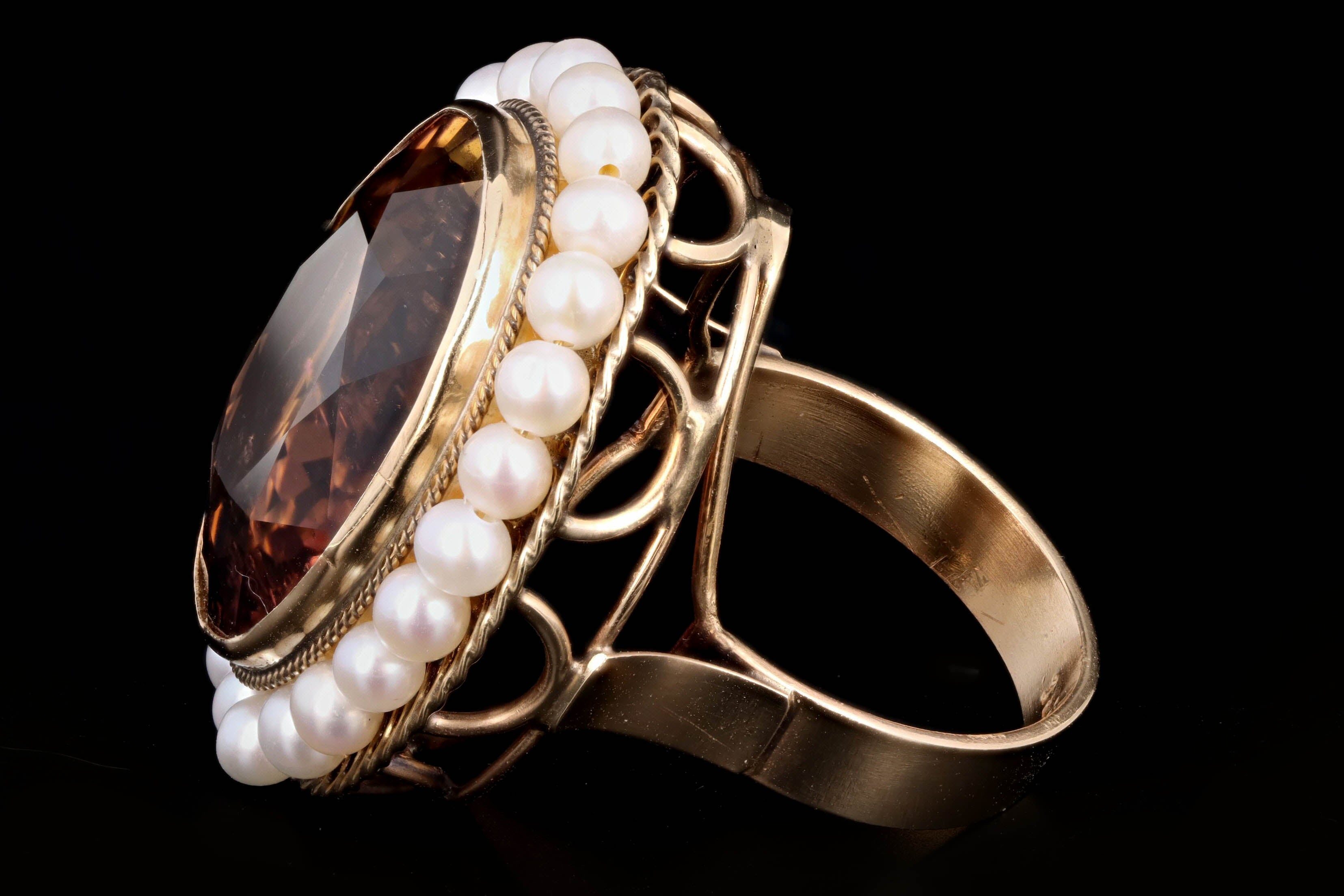 Vintage 14K Yellow Gold 22 Carat Tourmaline & Pearl Ring - Queen May