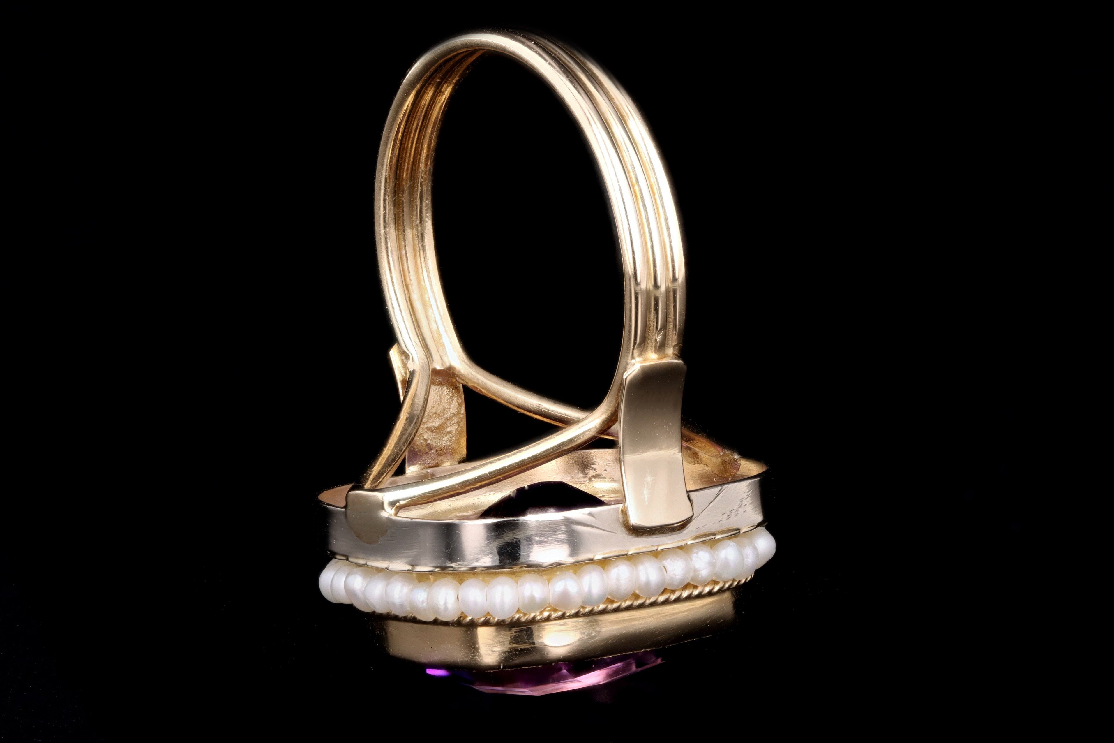 Vintage 14K Yellow Gold 8.5 Carat Amethyst & Seed Pearl Ring - Queen May