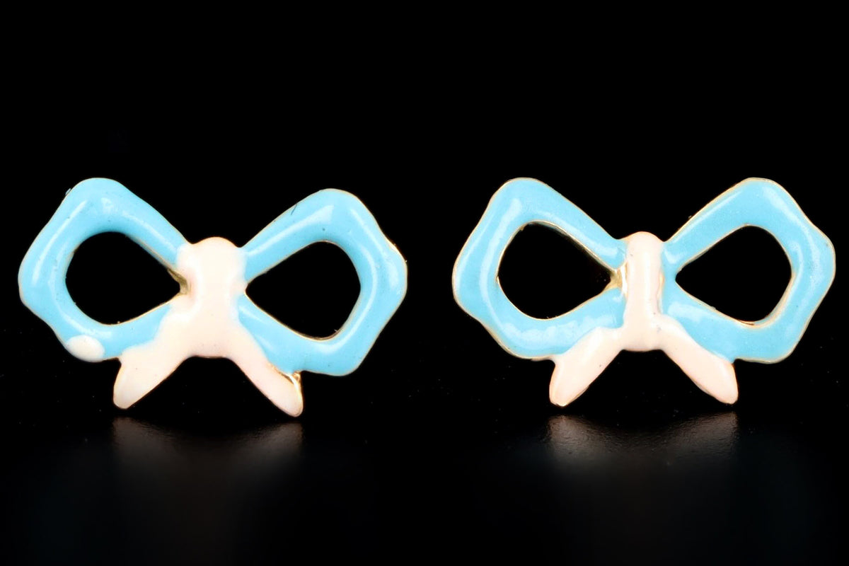 Modern 14K Yellow Gold Enamel Bow Stud Earrings - Queen May