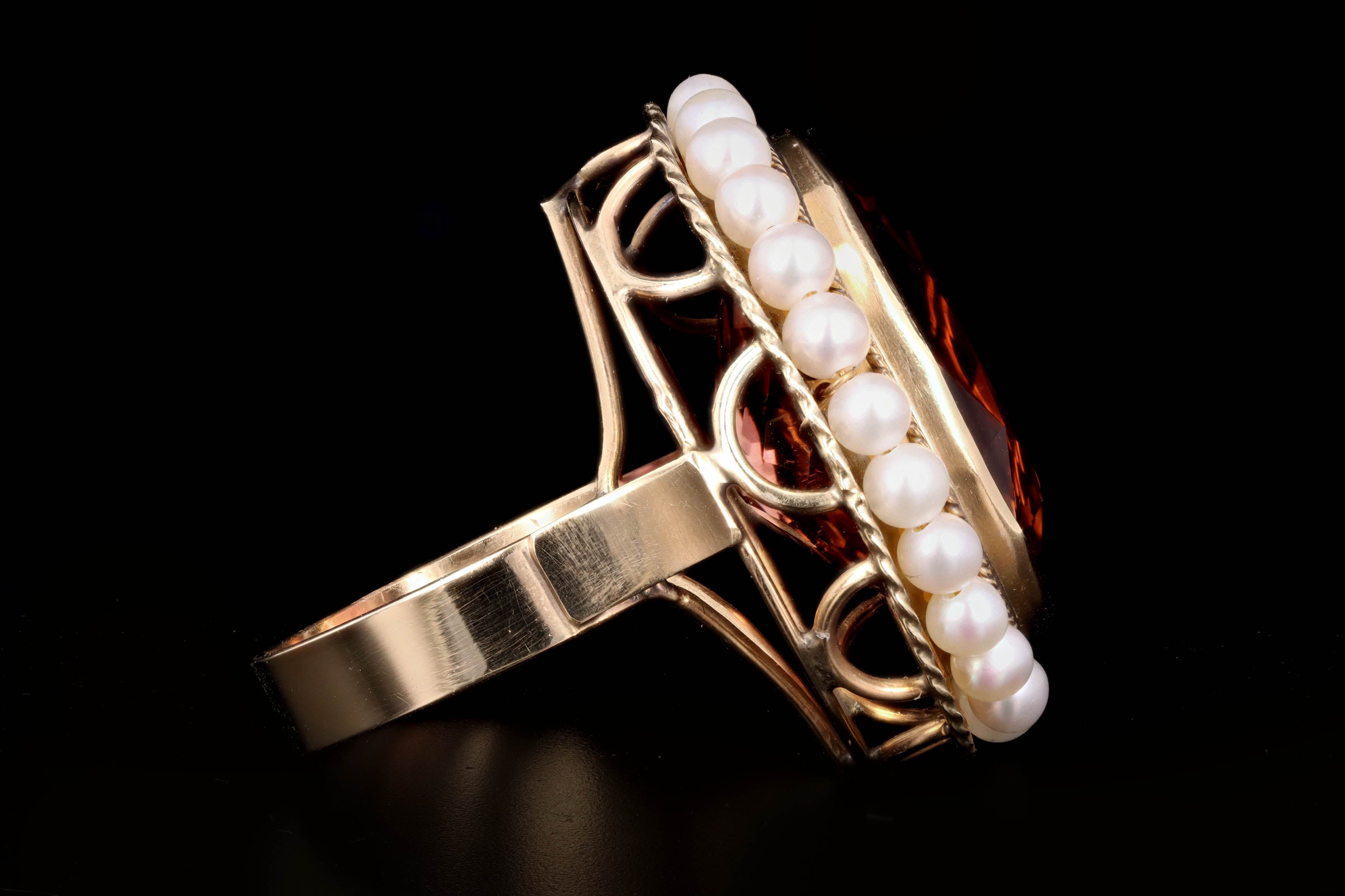 Vintage 14K Yellow Gold 22 Carat Tourmaline & Pearl Ring - Queen May