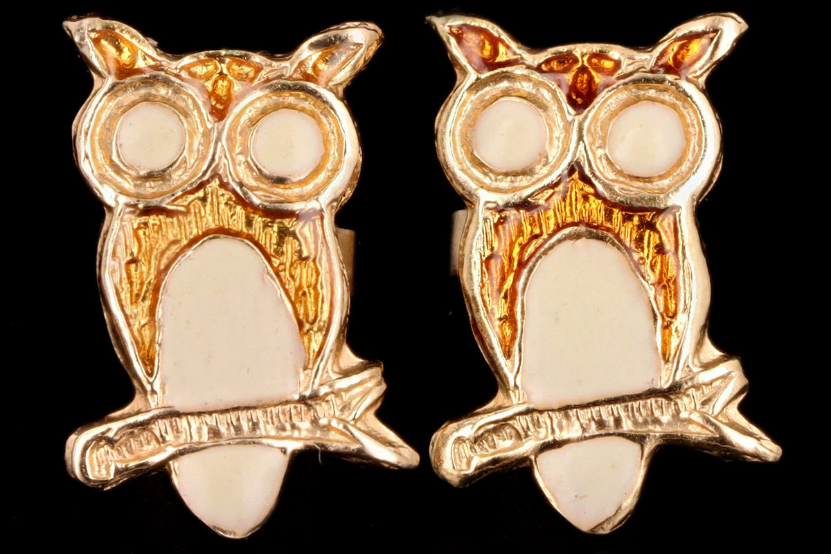 Modern 14K Yellow Gold Enamel Owl Stud Earrings - Queen May