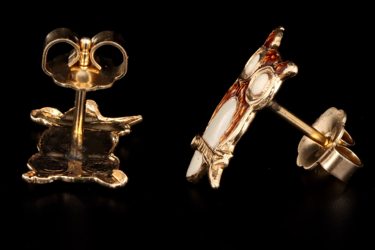 Modern 14K Yellow Gold Enamel Owl Stud Earrings - Queen May