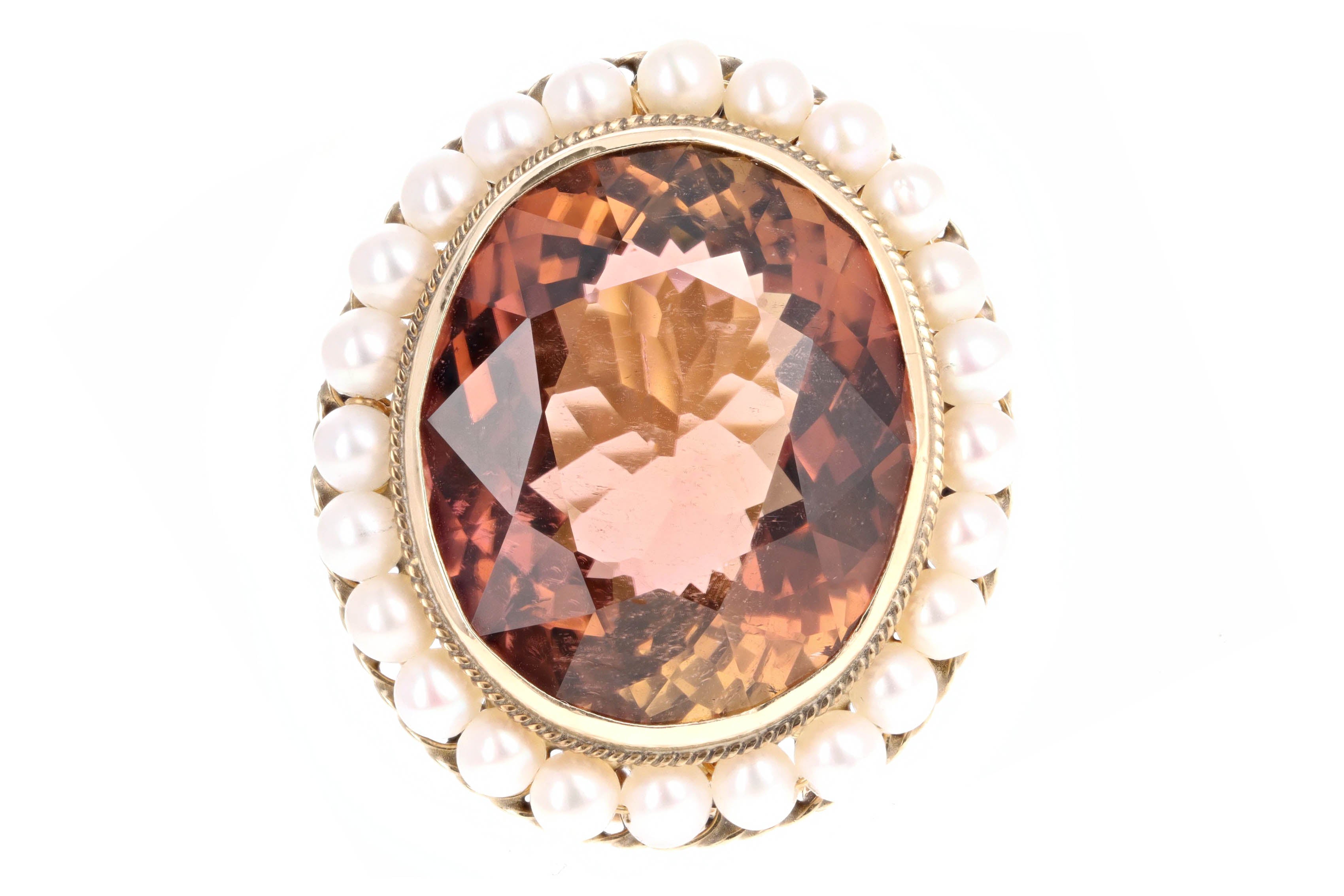 Vintage 14K Yellow Gold 22 Carat Tourmaline & Pearl Ring - Queen May