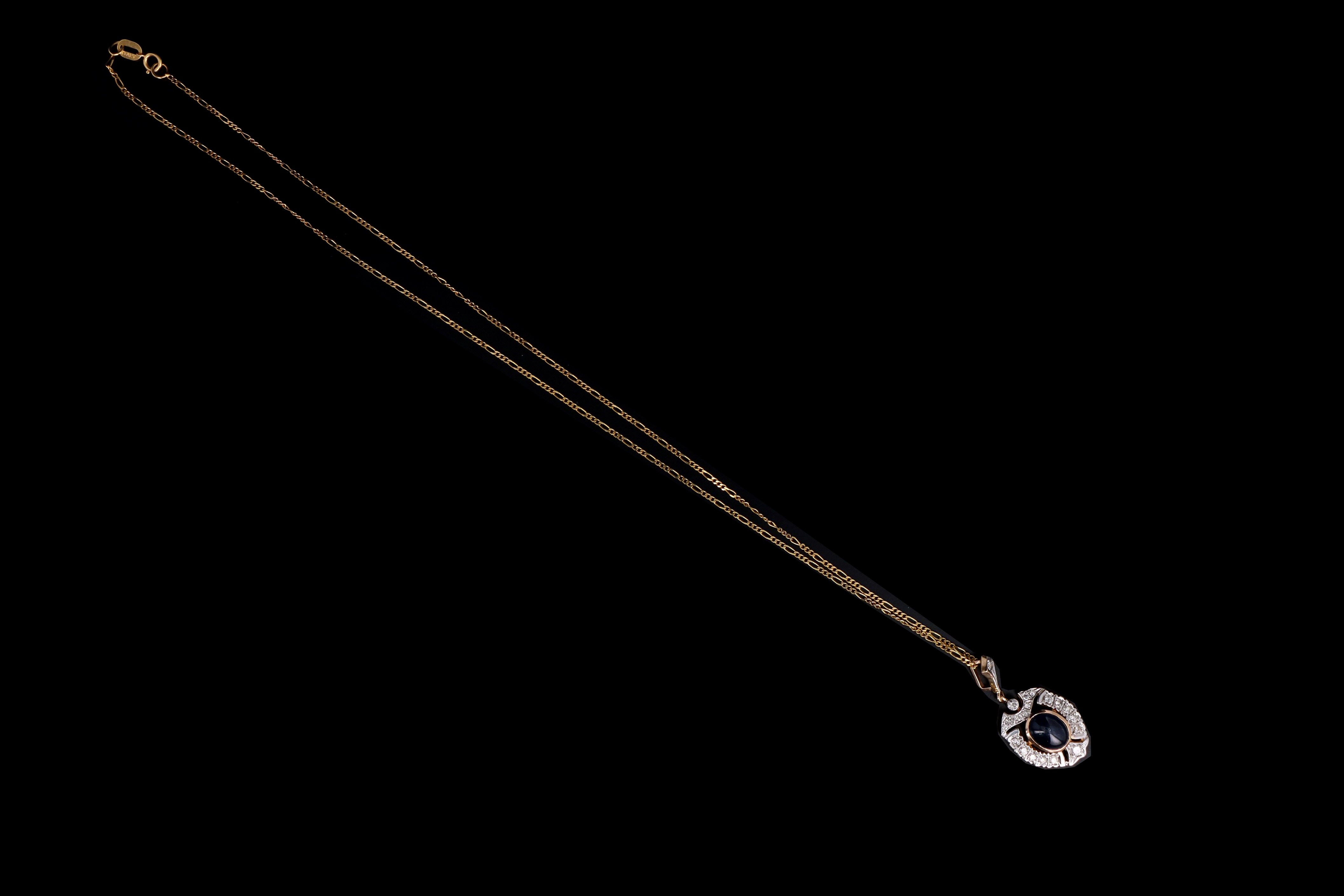 Vintage 14K Gold 3 Carat Cabochon Natural Sapphire & Diamond Pendant Necklace - Queen May