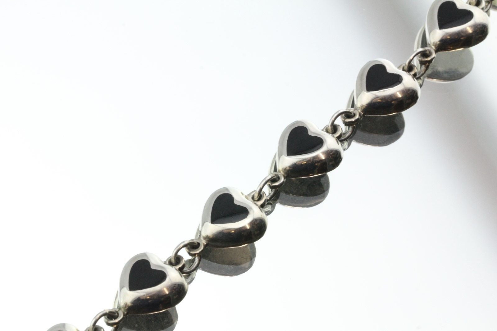 Vintage Taxco Mexico Sterling Silver Onyx Heart Bracelet Signed - Queen May