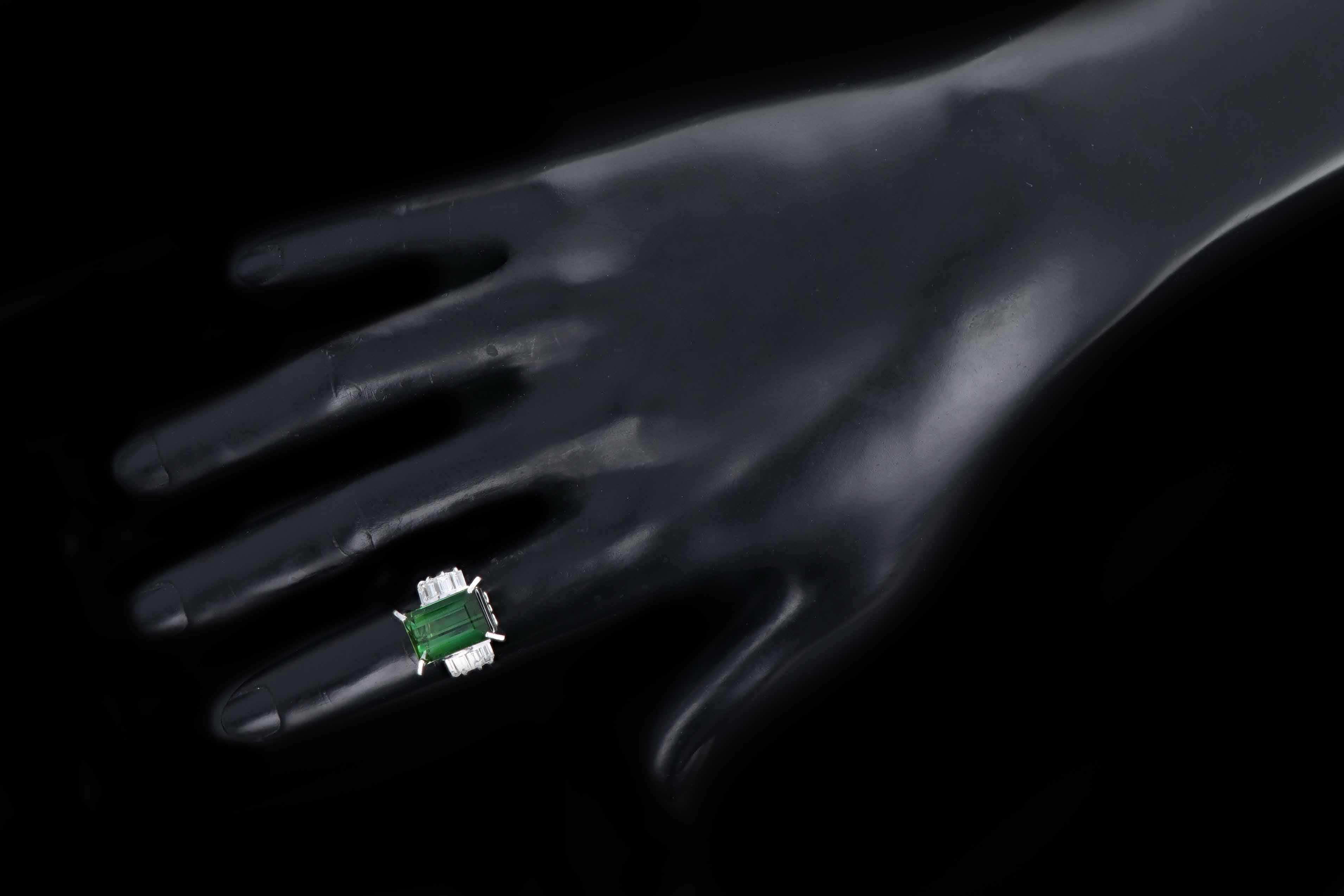 Platinum 5.63 Carat Emerald Cut Green Tourmaline & Baguette Diamond Ring - Queen May