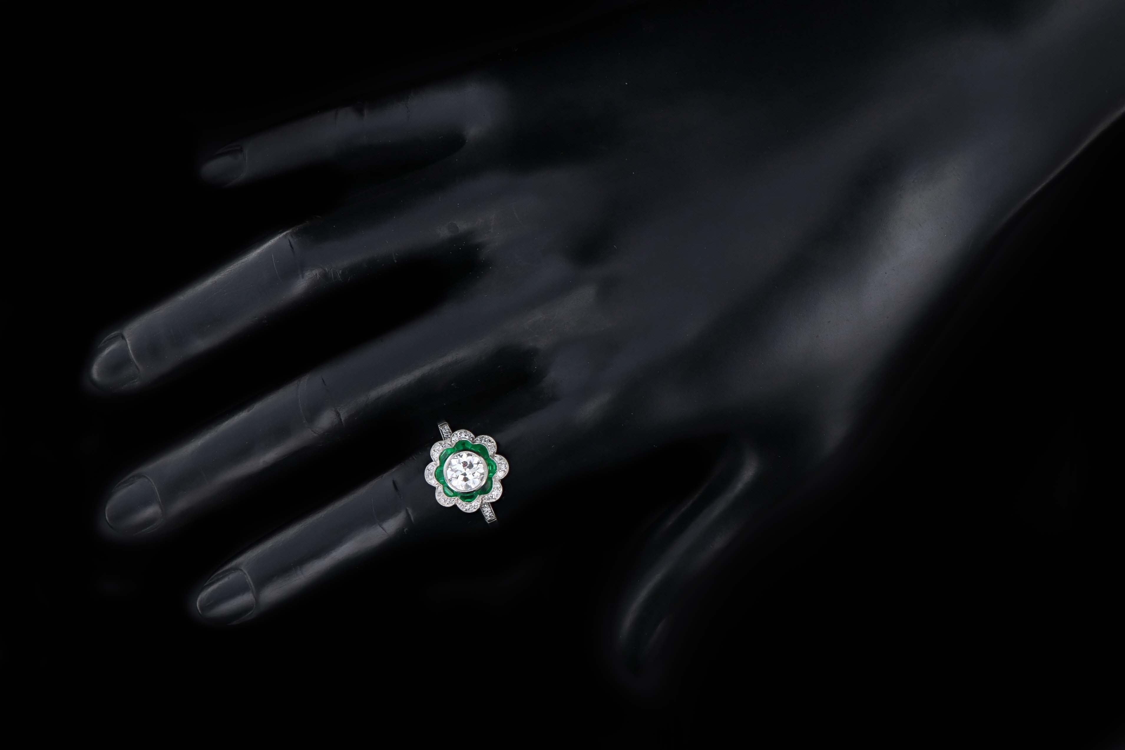 Art Deco Inspired Platinum 1.03 Carat Old European Diamond & Natural Emerald Engagement Ring - Queen May