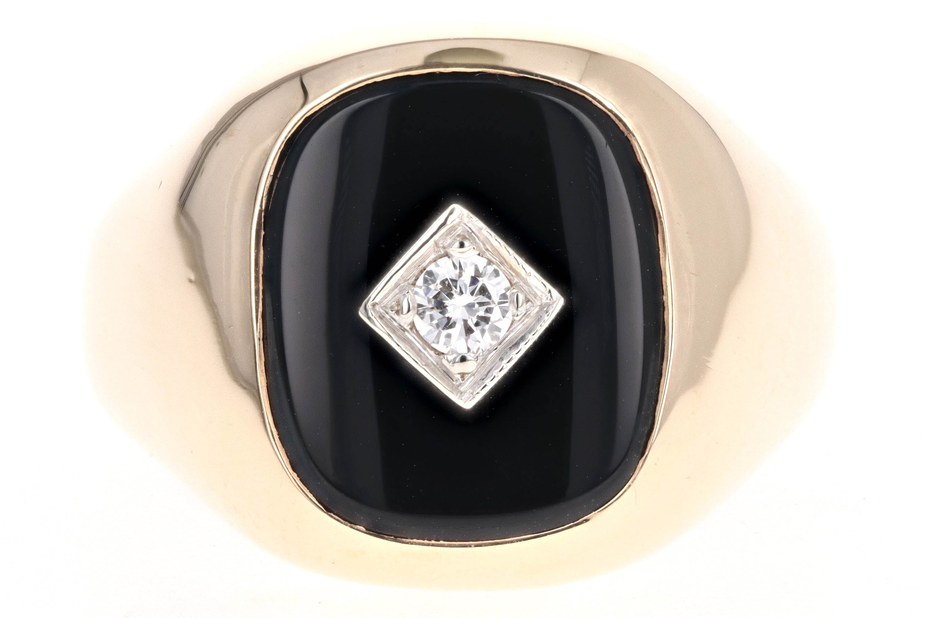 Vintage 14K Yellow Gold Black Onyx & Round Diamond Mens Ring - Queen May