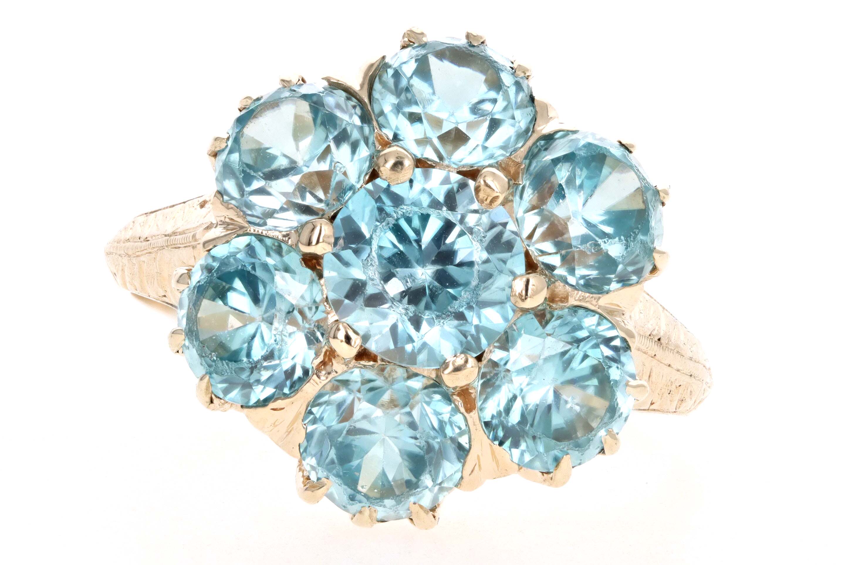 Victorian Inspired 14K Yellow Gold 5.92 Carat Total Weight Blue Zircon Cluster Ring - Queen May
