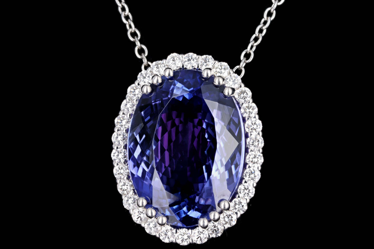 18K White Gold 19.23 Carat Oval Tanzanite & Diamond Halo Pendant Necklace - Queen May