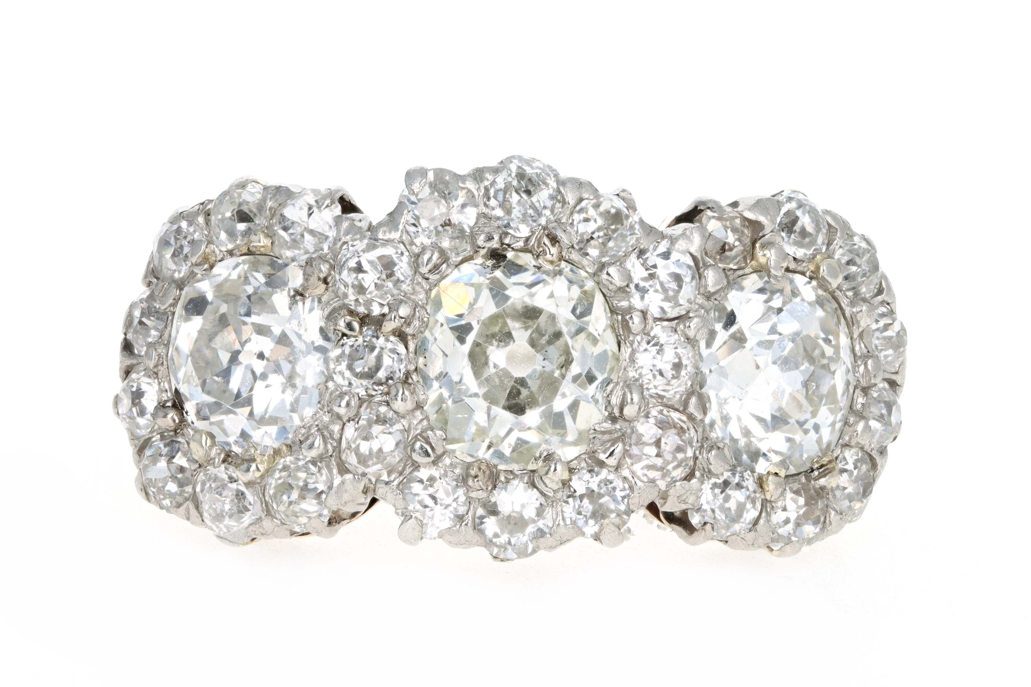 Victorian 18K Yellow Gold & Platinum Three Stone Old Mine Cut Diamond Cluster Ring - Queen May
