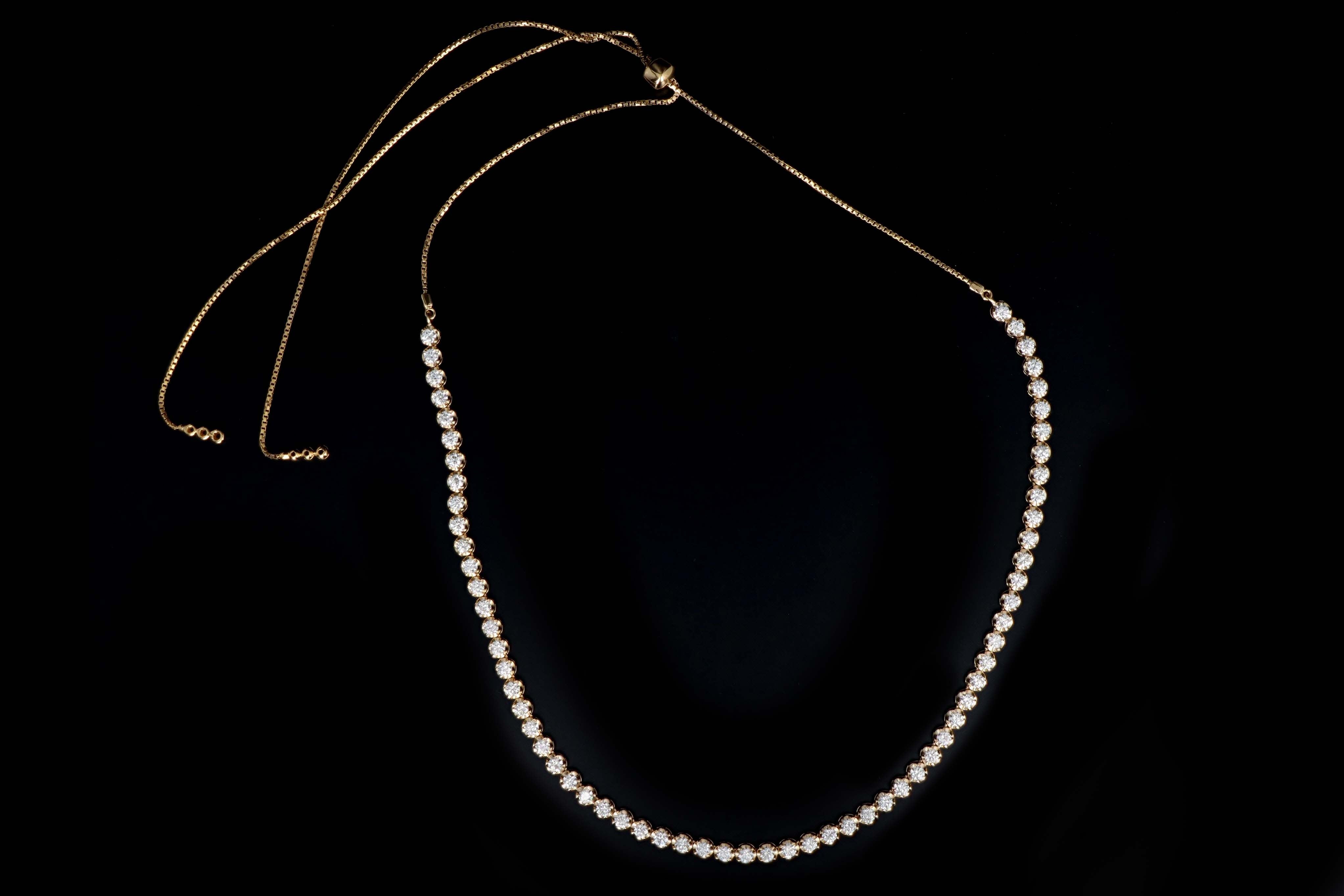 14K Yellow Gold 9.17 Carat Total Weight Round Diamond Adjustable Bolo Tennis Necklace - Queen May