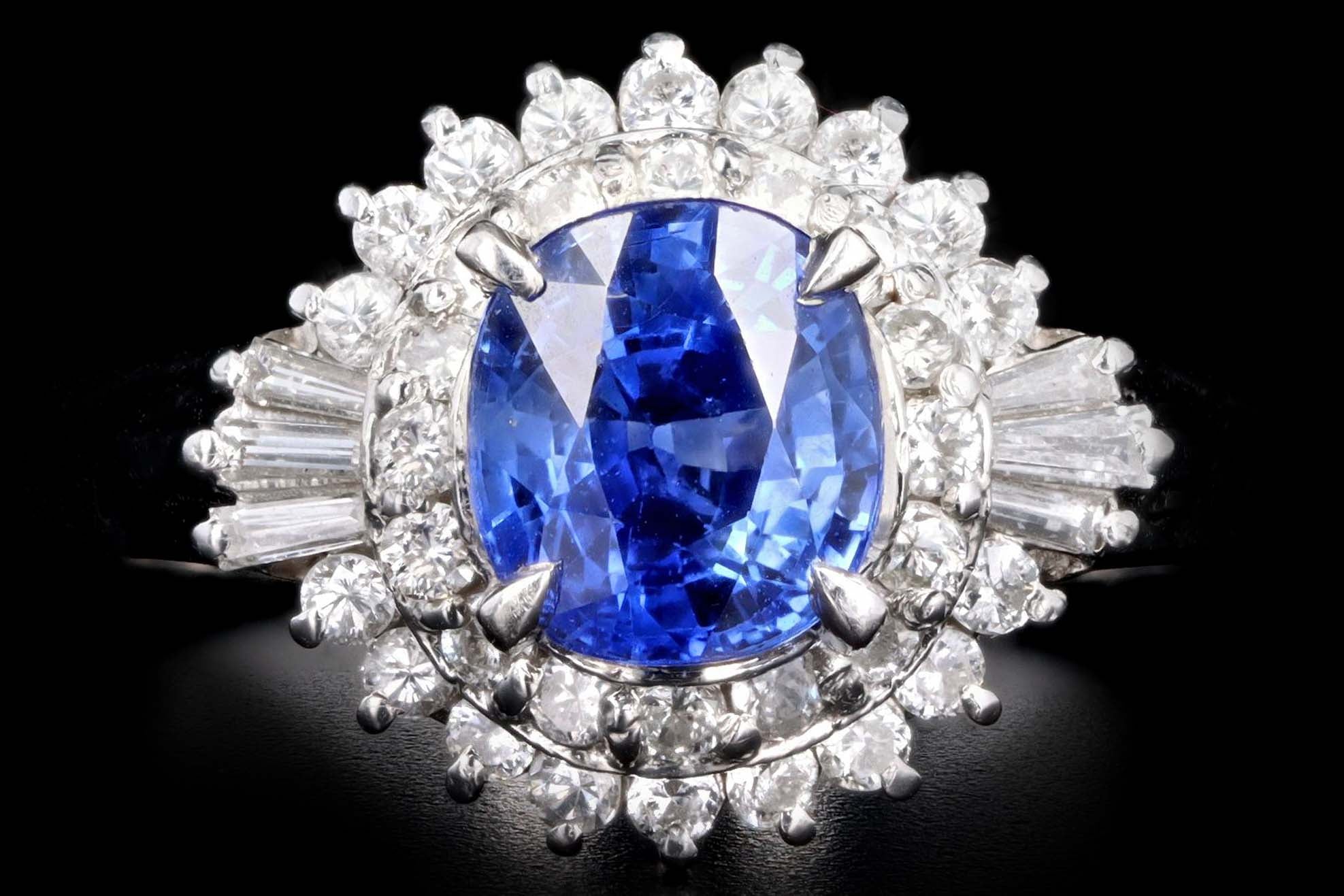 Retro Platinum 1.38 Carat Cushion Cut Natural Sapphire & Diamond Fan Ring - Queen May