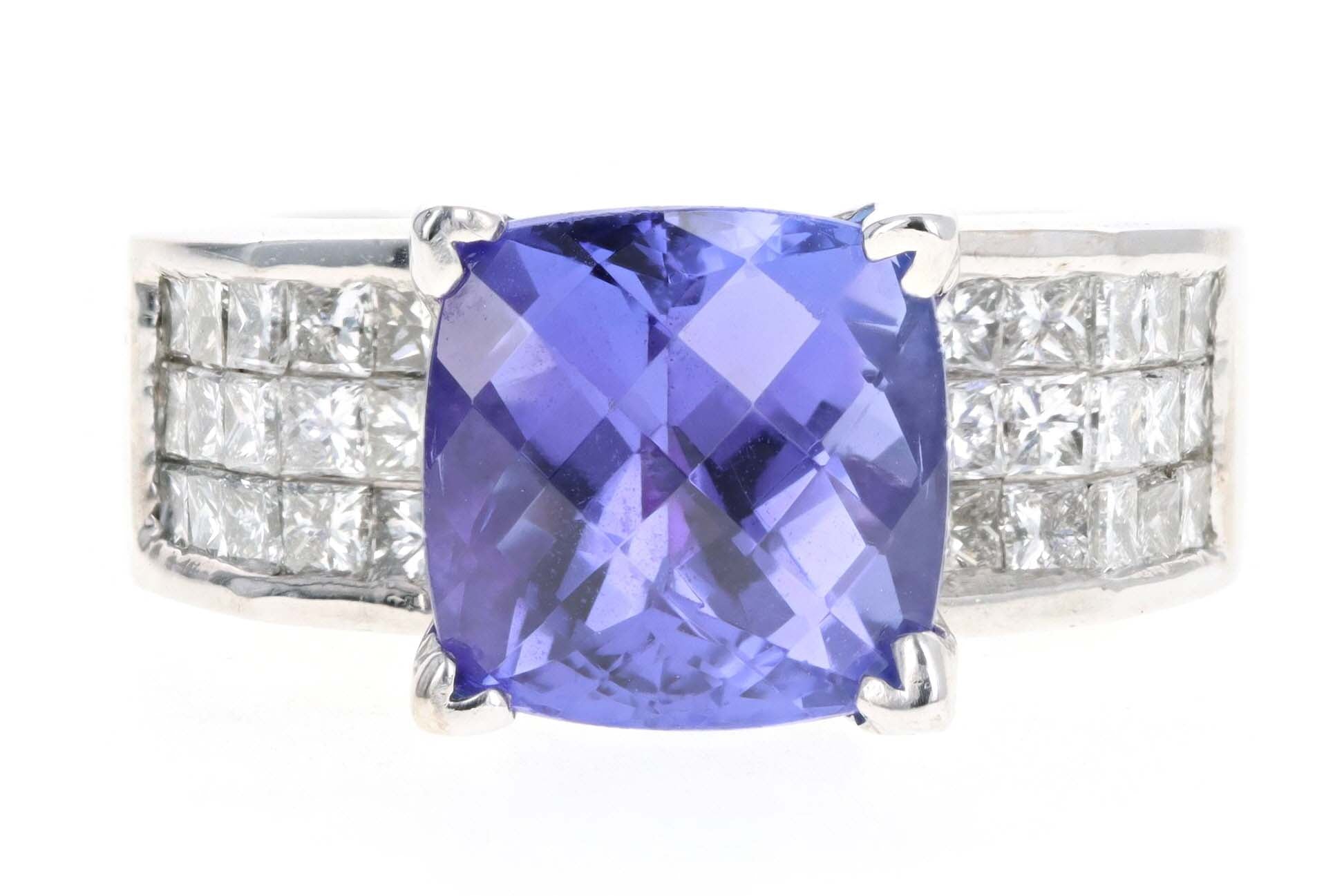 18K White Gold 3.50 Carat Tanzanite & Princess Cut Diamond Ring - Queen May
